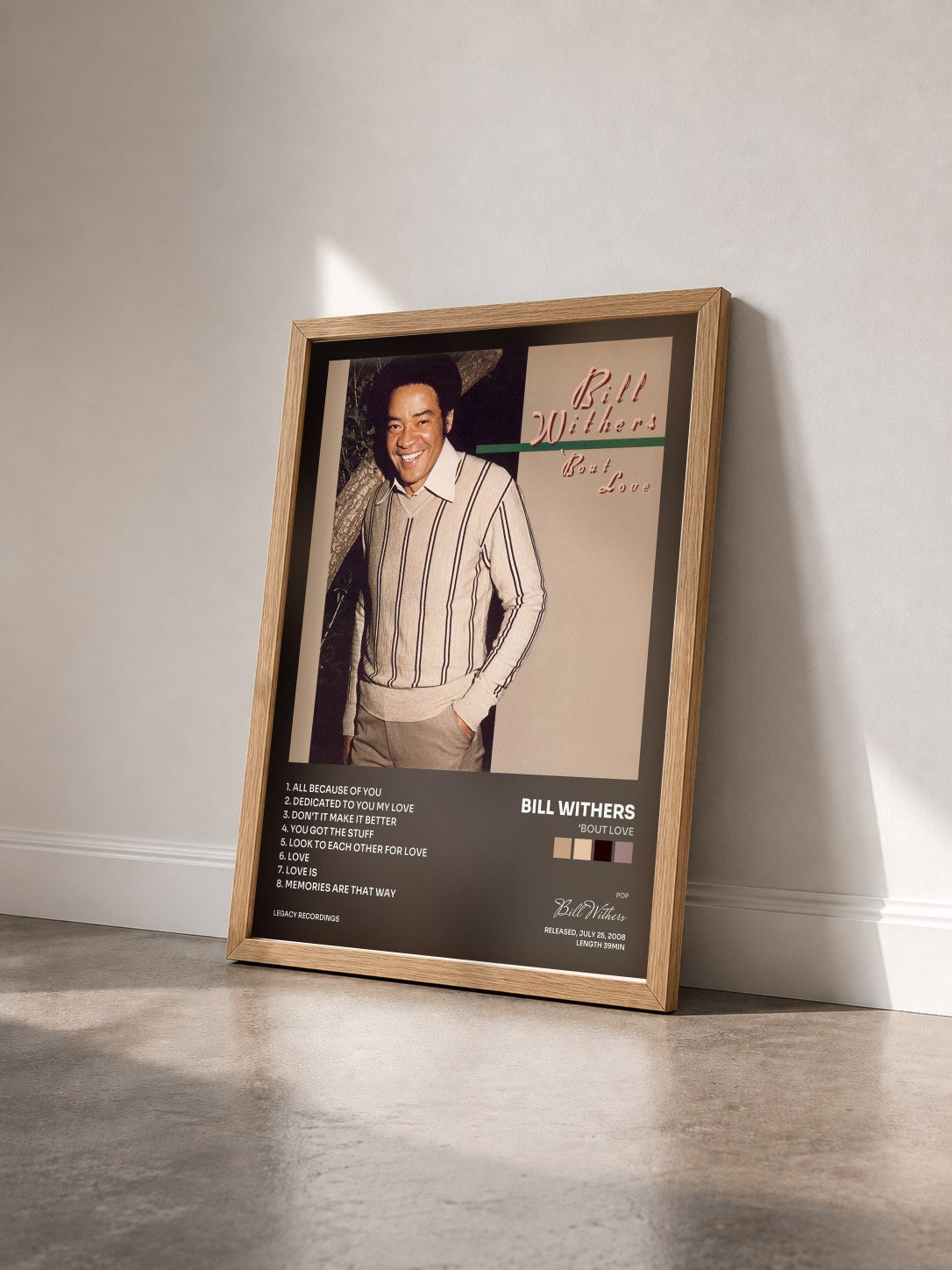 #bois Tableau de l'album 'Bout Love de Bill Withers vu de trois quarts, cadre en bois brut