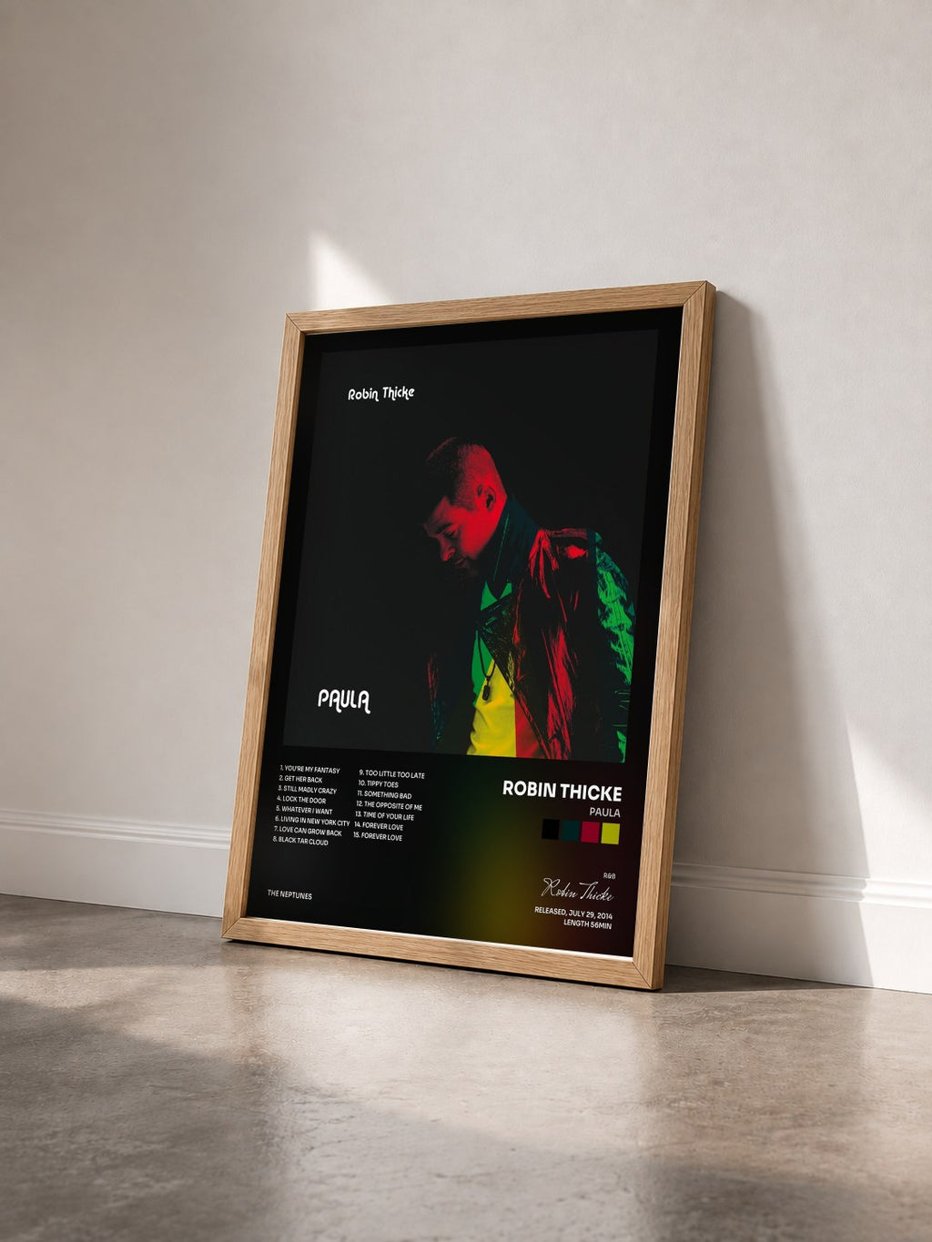 #bois Tableau de l'album Paula de Robin Thicke vu de trois quarts, cadre en bois brut