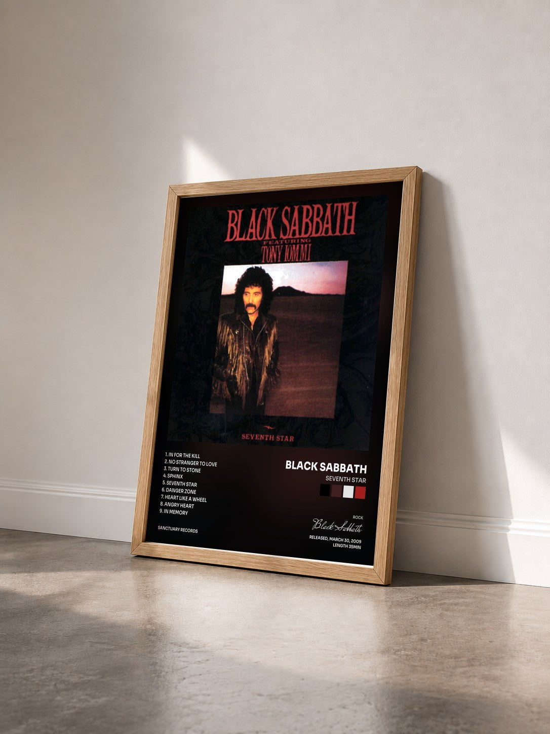 #bois Tableau de l'album Seventh Star de Black Sabbath vu de trois quarts, cadre en bois brut