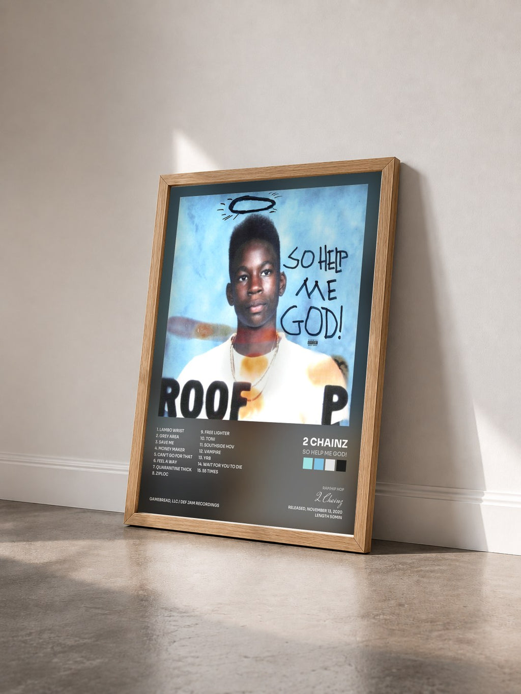 #bois Tableau de l'album So Help Me God! de 2 Chainz vu de trois quarts, cadre en bois brut