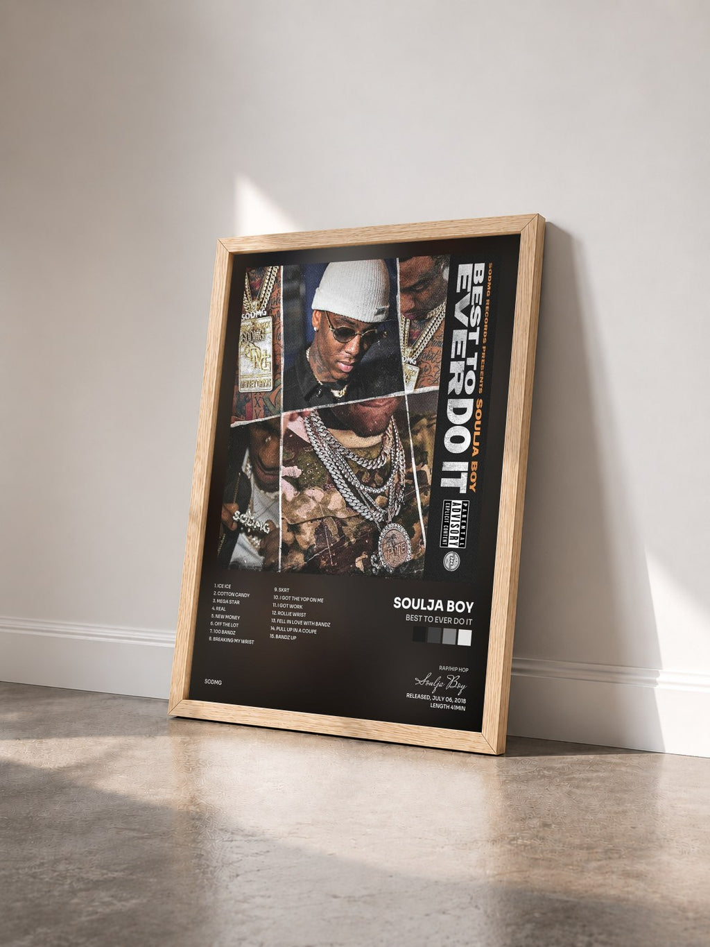 #bois Tableau de l'album Best to Ever Do It de Soulja Boy vu de trois quarts, cadre en bois brut