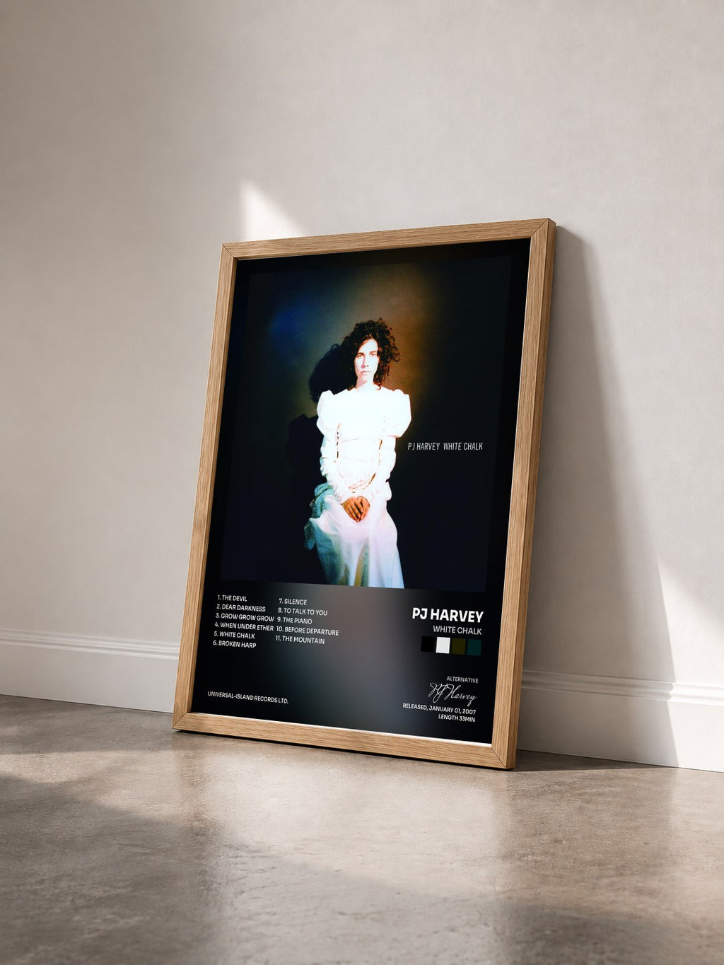 #bois Tableau de l'album White Chalk de PJ Harvey vu de trois quarts, cadre en bois brut