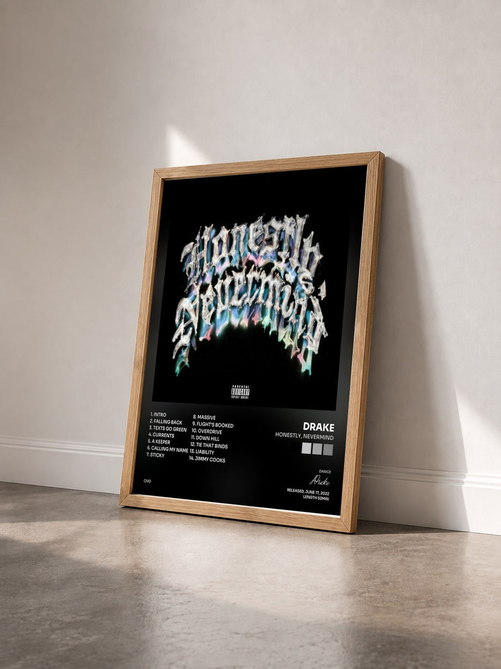 #bois Tableau de l'album Honestly, Nevermind de Drake vu de trois quarts, cadre en bois brut