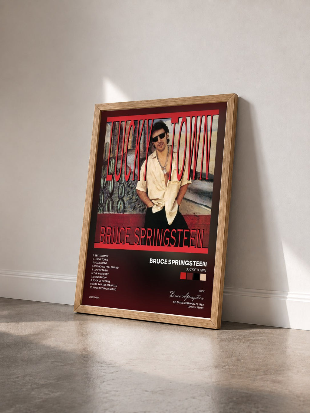 #bois Tableau de l'album Lucky Town de Bruce Springsteen vu de trois quarts, cadre en bois brut