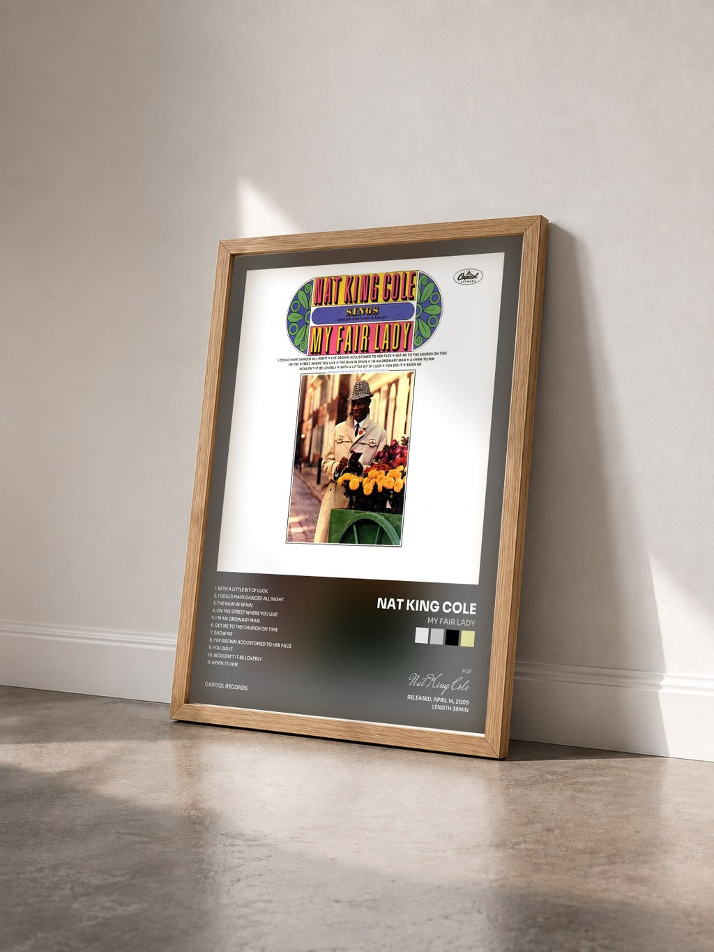 #bois Tableau de l'album My Fair Lady de Nat King Cole vu de trois quarts, cadre en bois brut