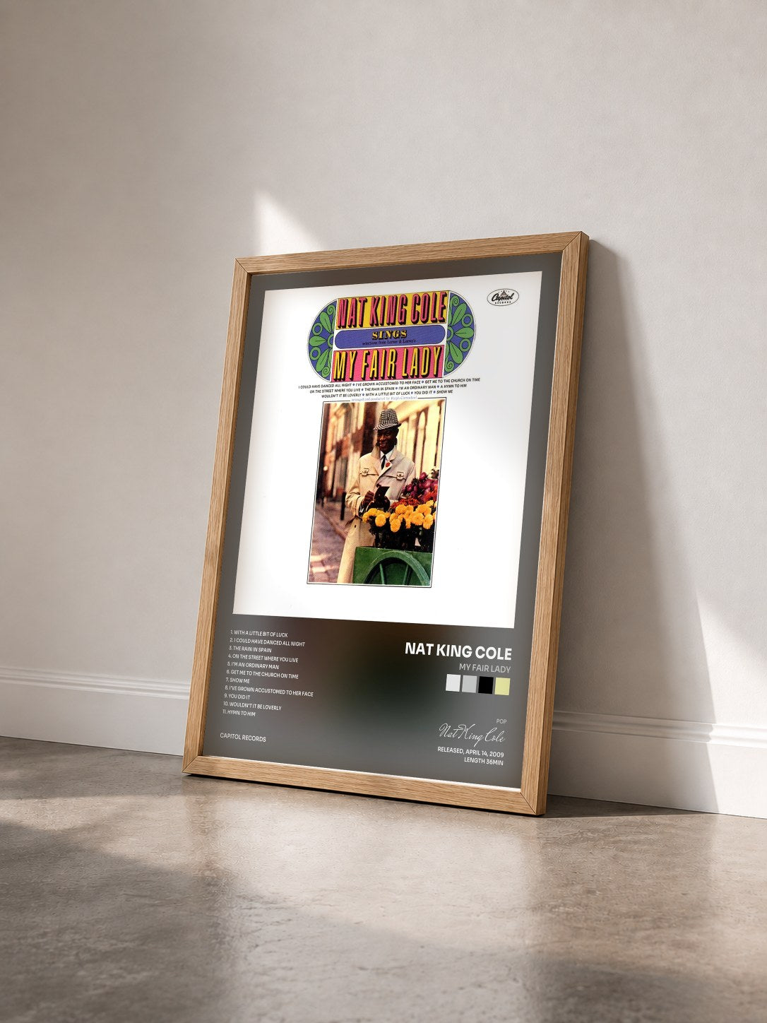 #bois Tableau de l'album My Fair Lady de Nat King Cole vu de trois quarts, cadre en bois brut