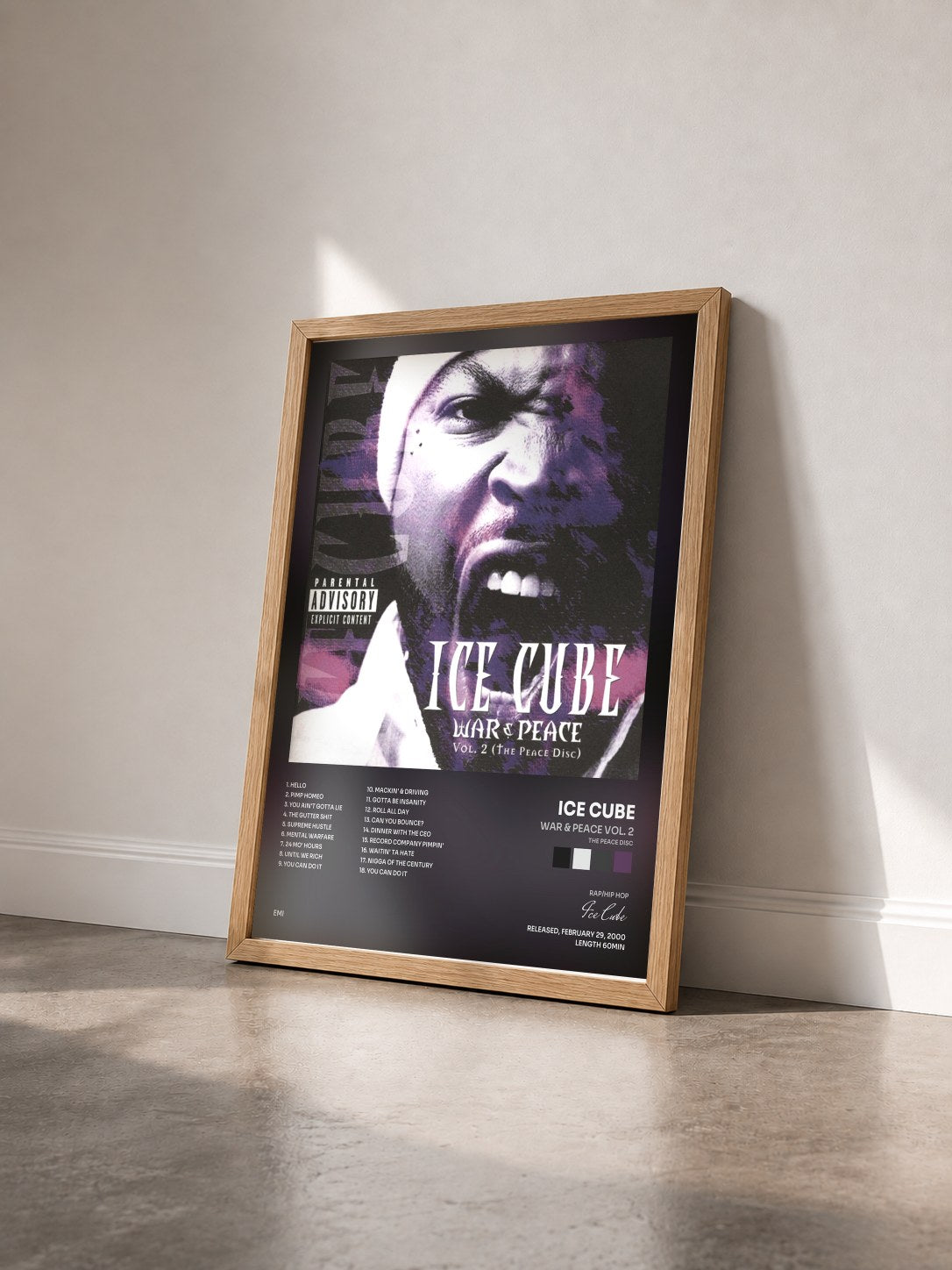 #bois Tableau de l'album War & Peace Vol. 2 (The Peace Disc) de Ice Cube vu de trois quarts, cadre en bois brut