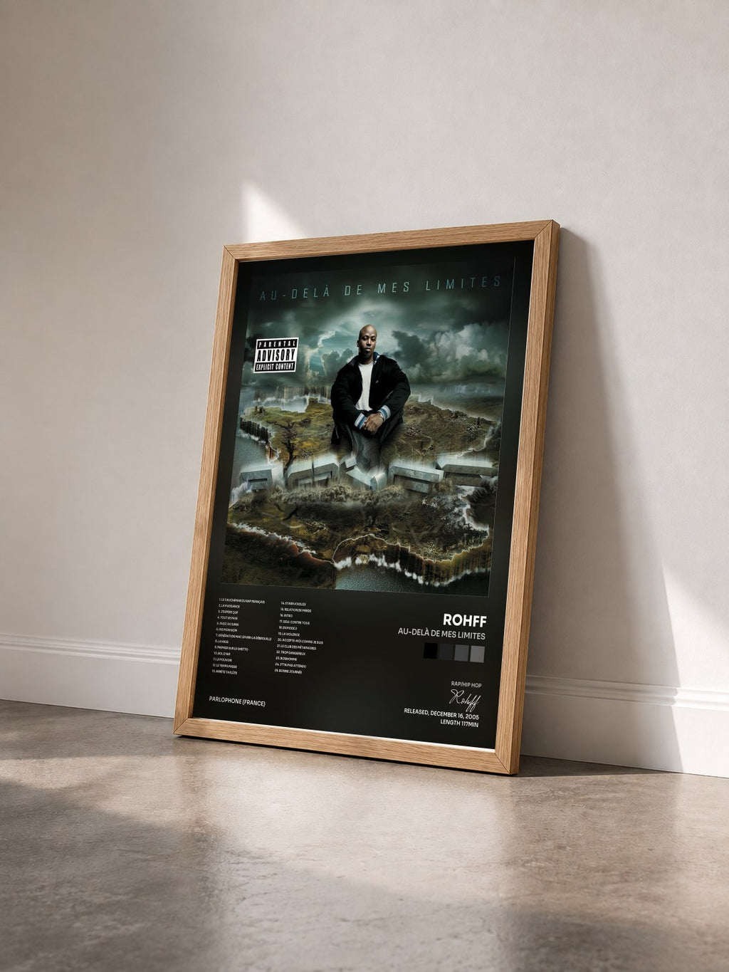 #bois Tableau de l'album Au-Delà De Mes Limites de Rohff vu de trois quarts, cadre en bois brut