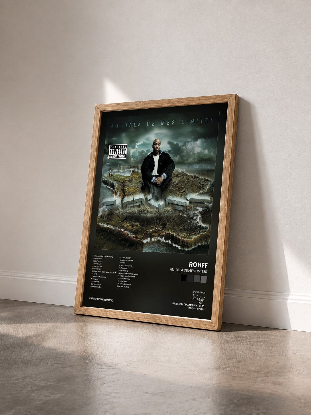 #bois Tableau de l'album Au-Delà De Mes Limites de Rohff vu de trois quarts, cadre en bois brut