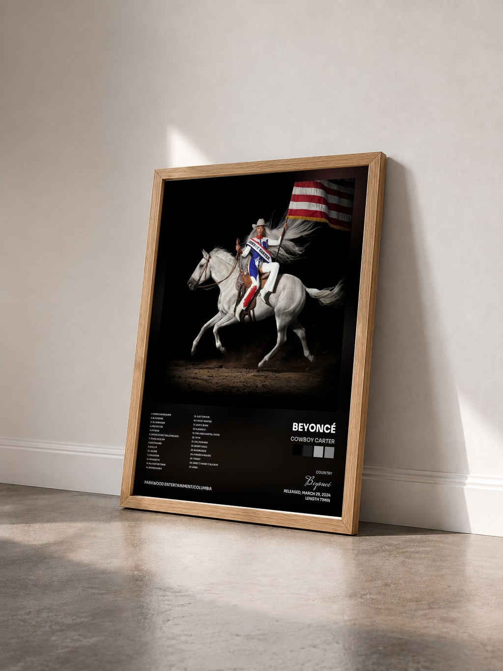 #bois Tableau de l'album COWBOY CARTER de Beyoncé vu de trois quarts, cadre en bois brut
