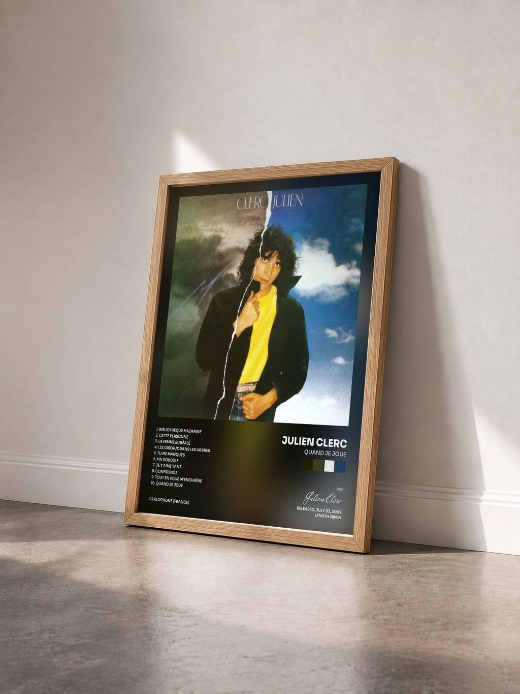 #bois Tableau de l'album Quand je joue de Julien Clerc vu de trois quarts, cadre en bois brut