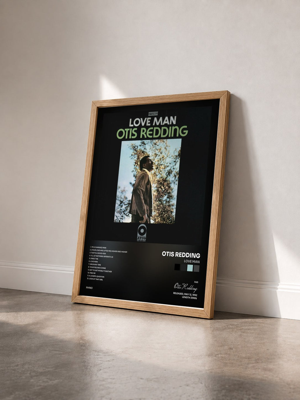 #bois Tableau de l'album Love Man de Otis Redding vu de trois quarts, cadre en bois brut
