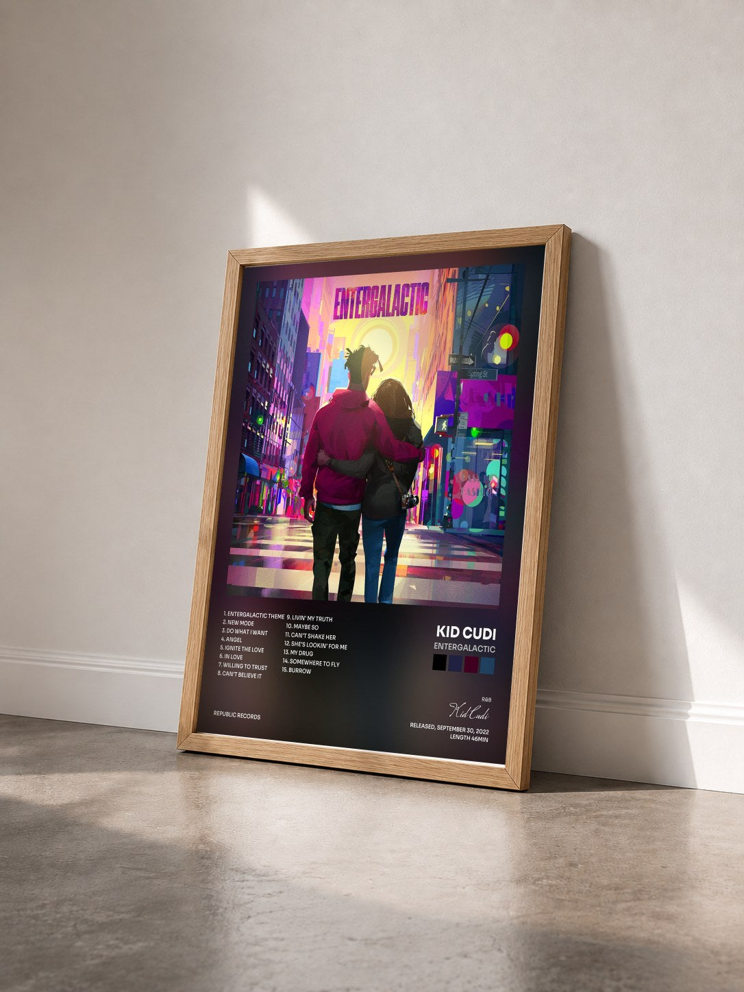 #bois Tableau de l'album Entergalactic de Kid Cudi vu de trois quarts, cadre en bois brut