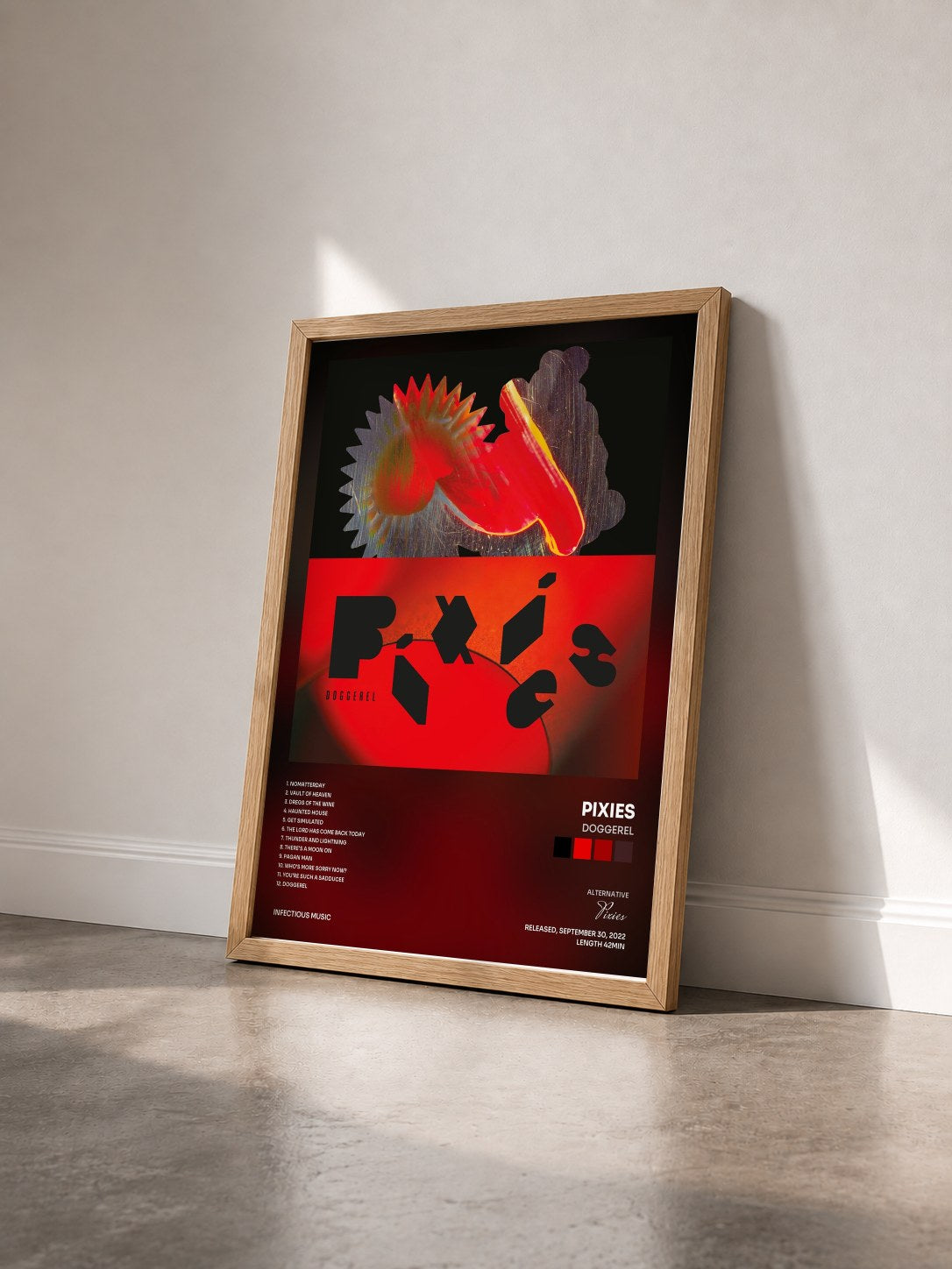 #bois Tableau de l'album Doggerel de Pixies vu de trois quarts, cadre en bois brut