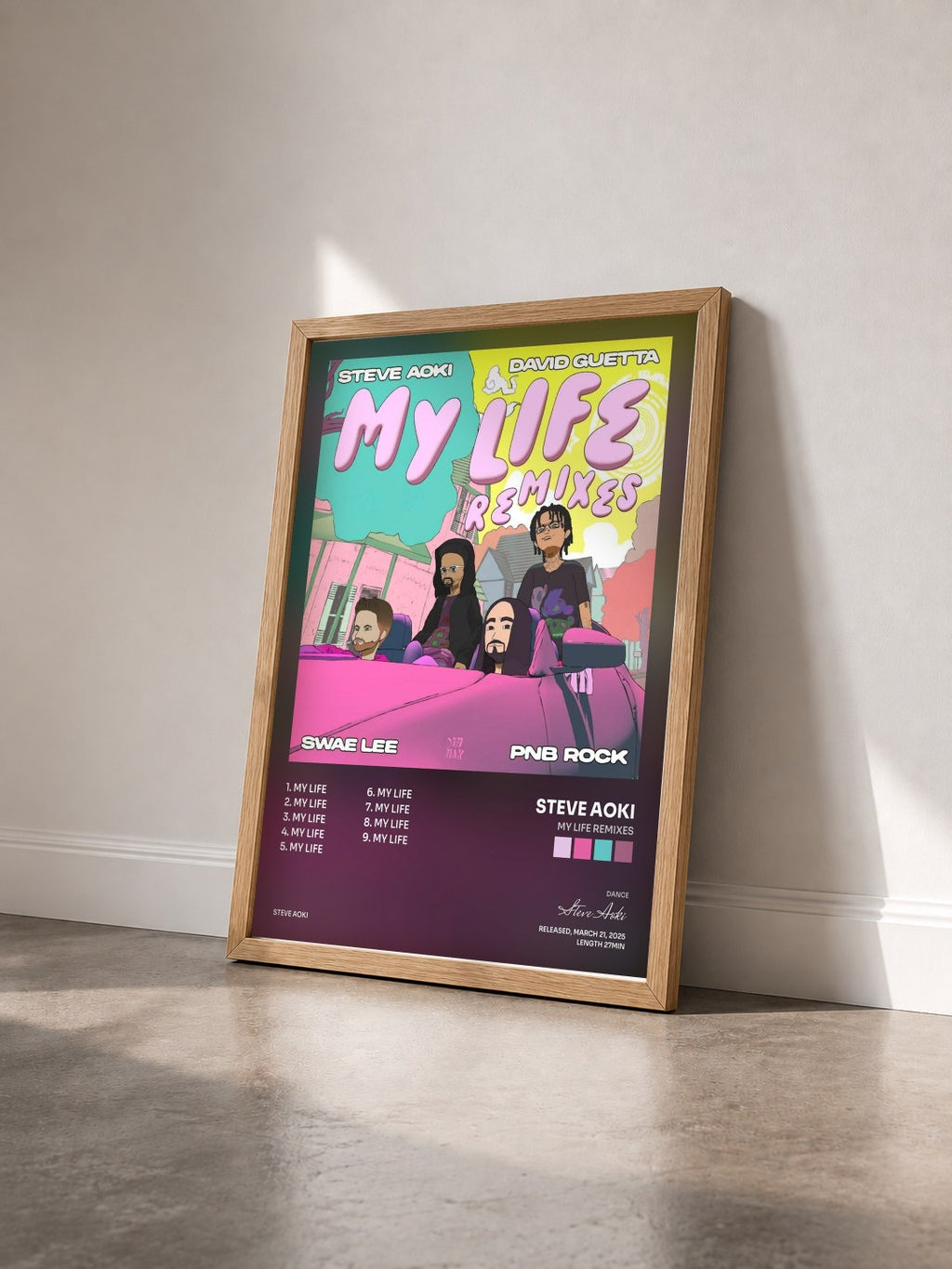 #bois Tableau de l'album My Life Remixes de Steve Aoki vu de trois quarts, cadre en bois brut