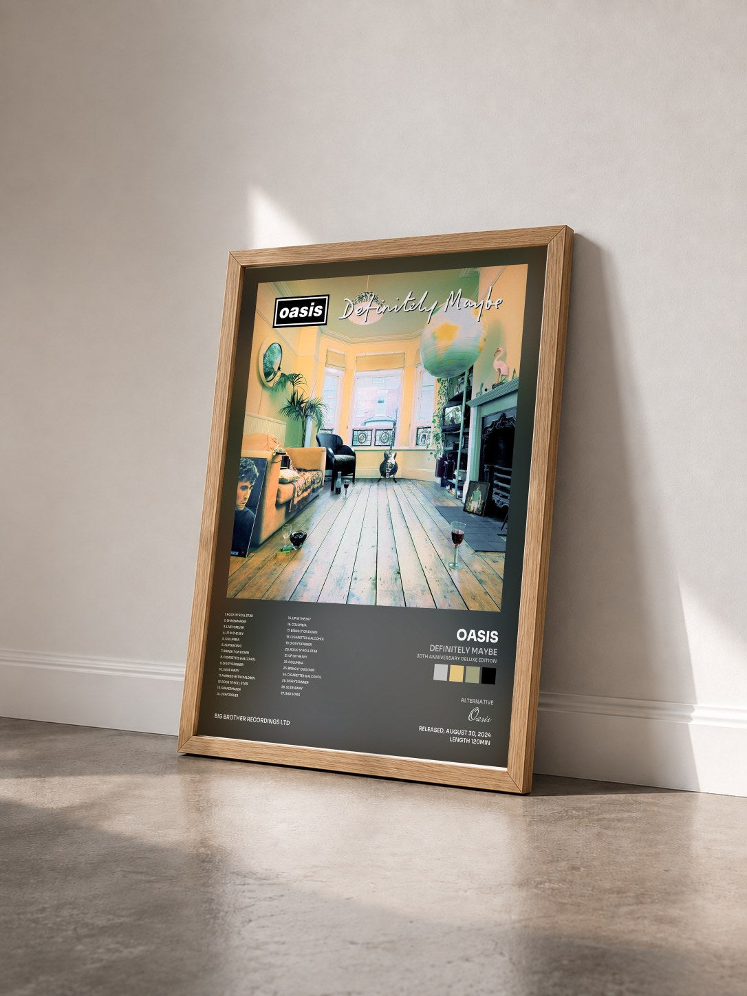 #bois Tableau de l'album Definitely Maybe (30th Anniversary Deluxe Edition) de Oasis vu de trois quarts, cadre en bois brut