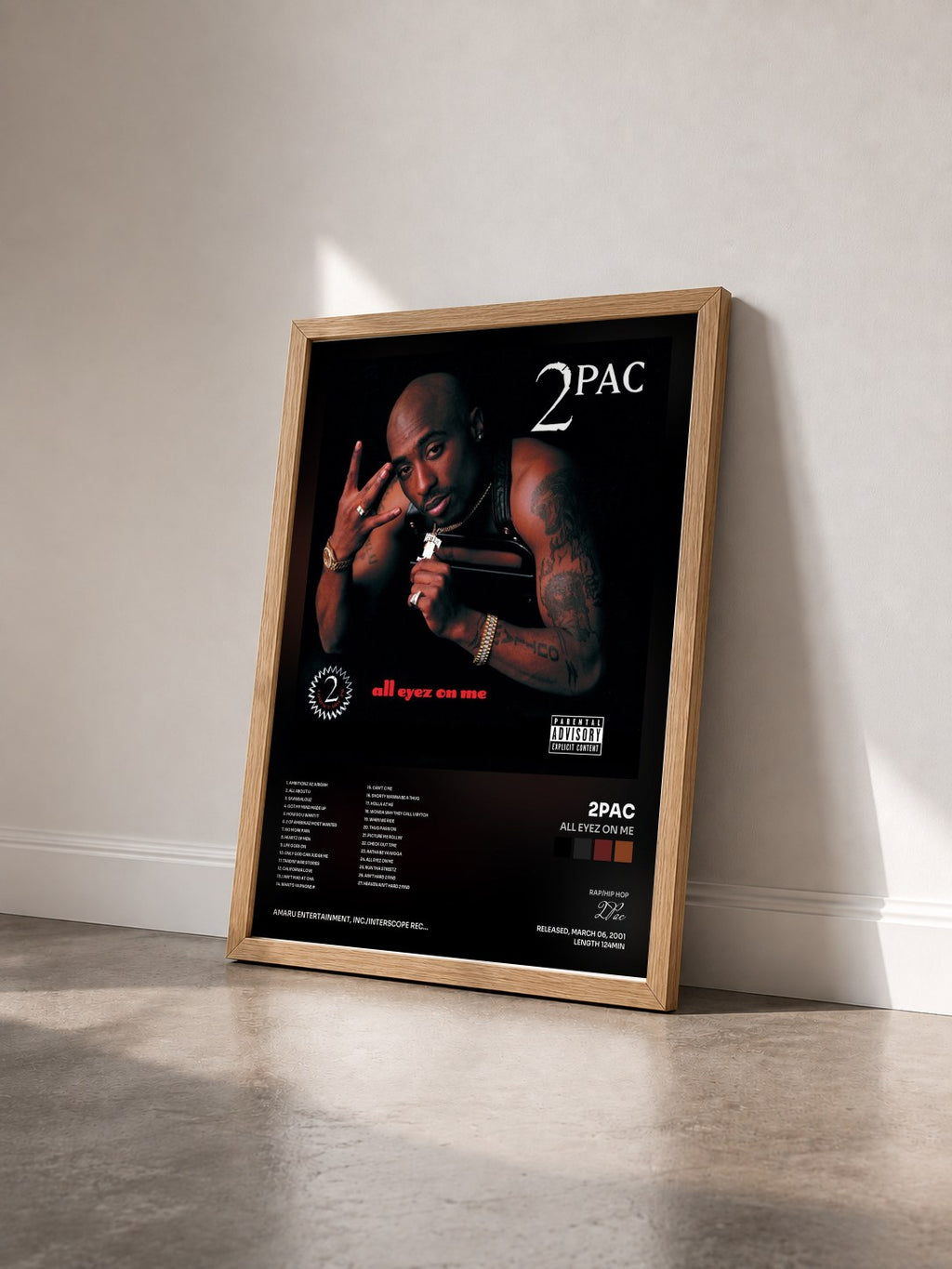 #bois Tableau de l'album All Eyez On Me de 2Pac vu de trois quarts, cadre en bois brut