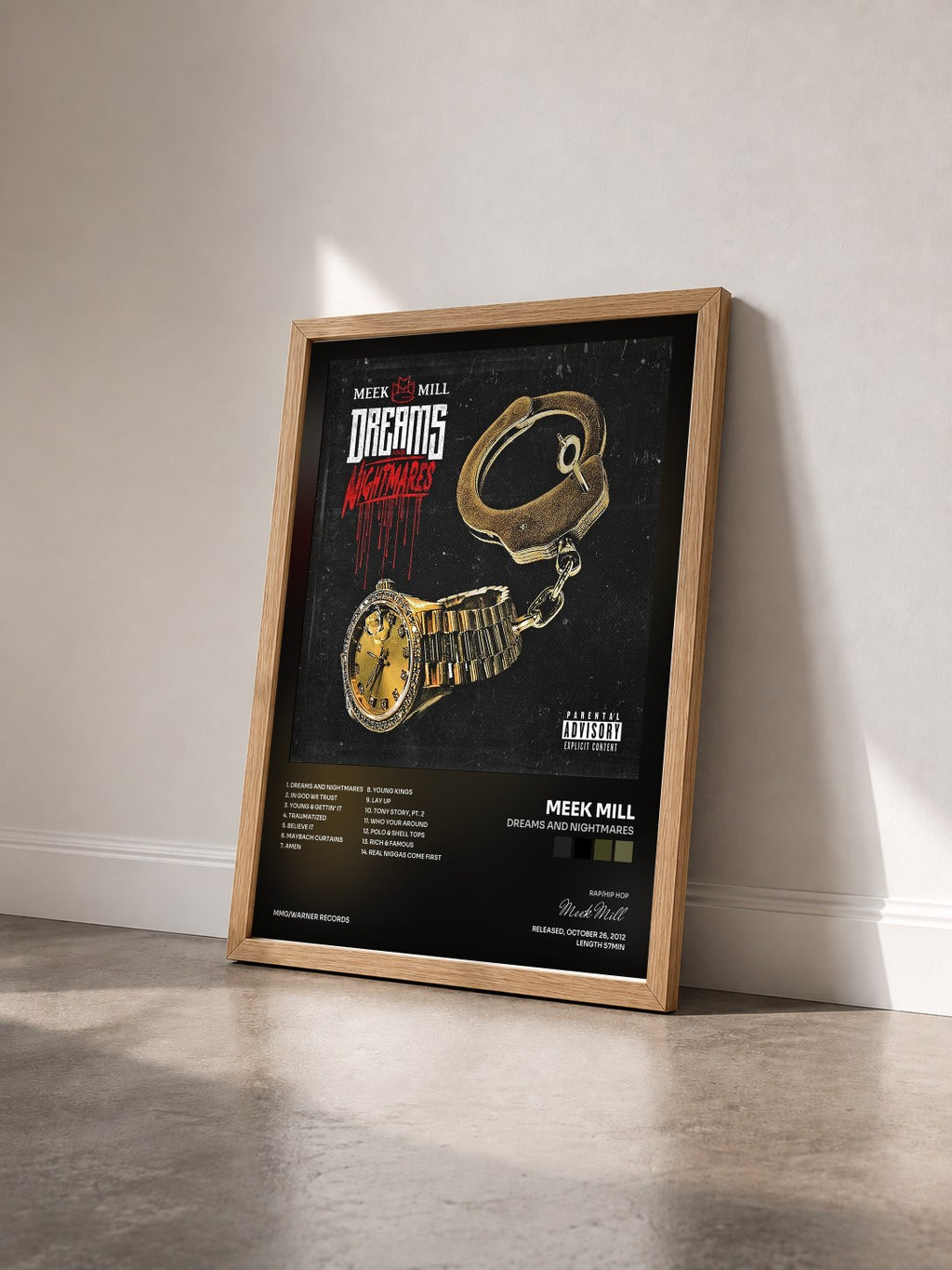 #bois Tableau de l'album Dreams and Nightmares de Meek Mill vu de trois quarts, cadre en bois brut