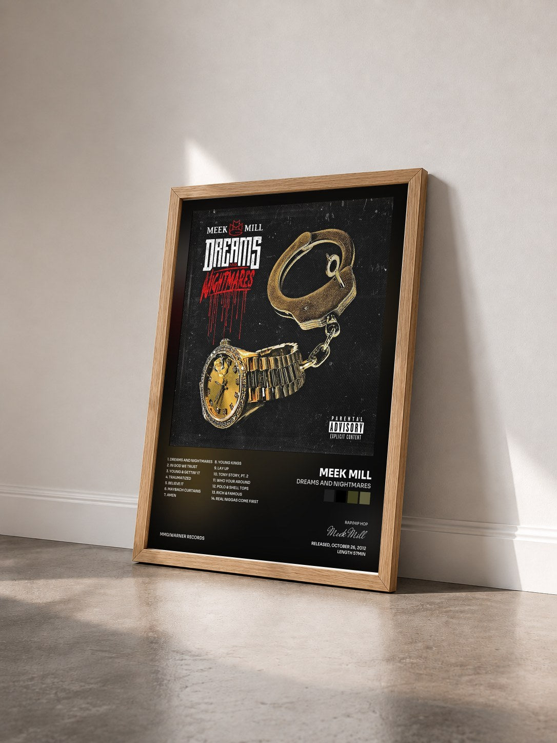 #bois Tableau de l'album Dreams and Nightmares de Meek Mill vu de trois quarts, cadre en bois brut
