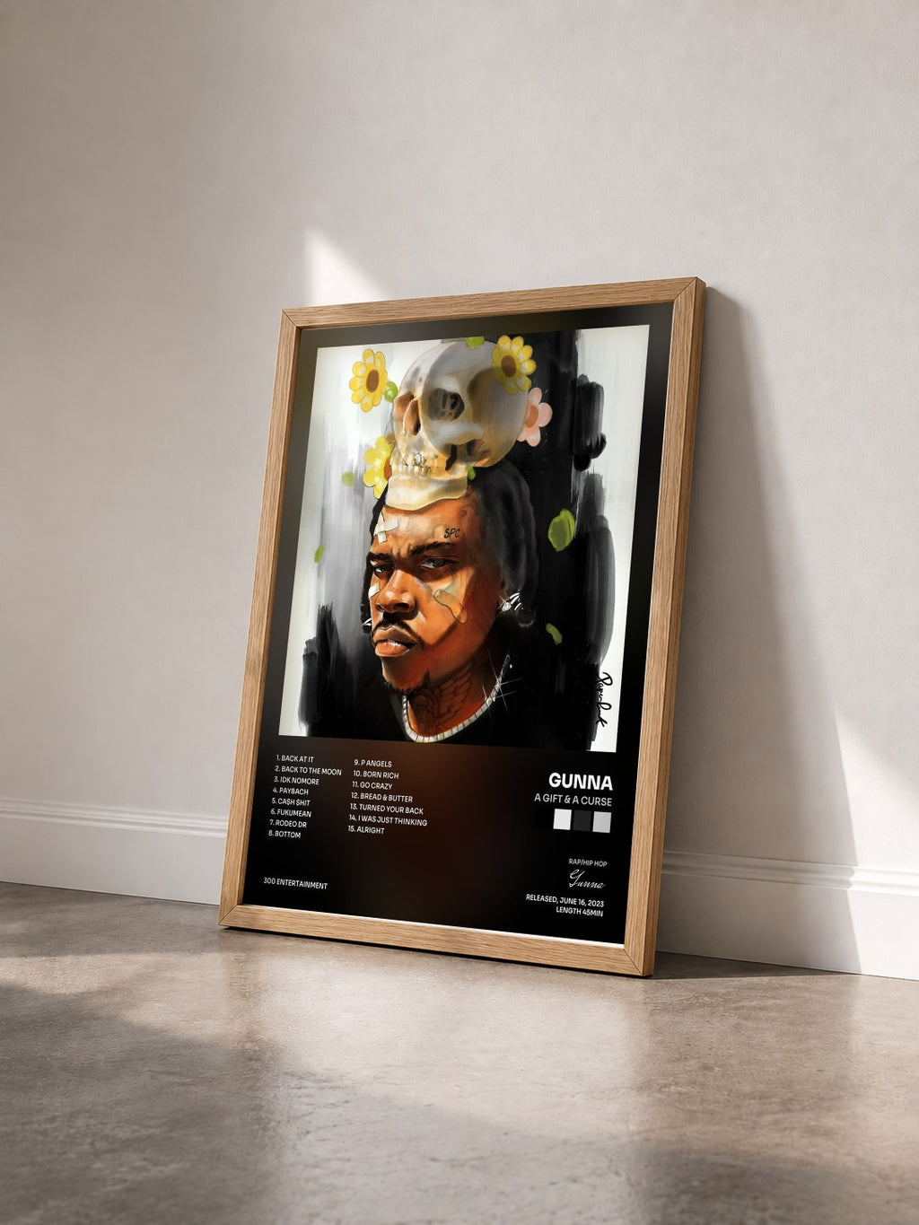 #bois Tableau de l'album a Gift & a Curse de Gunna vu de trois quarts, cadre en bois brut