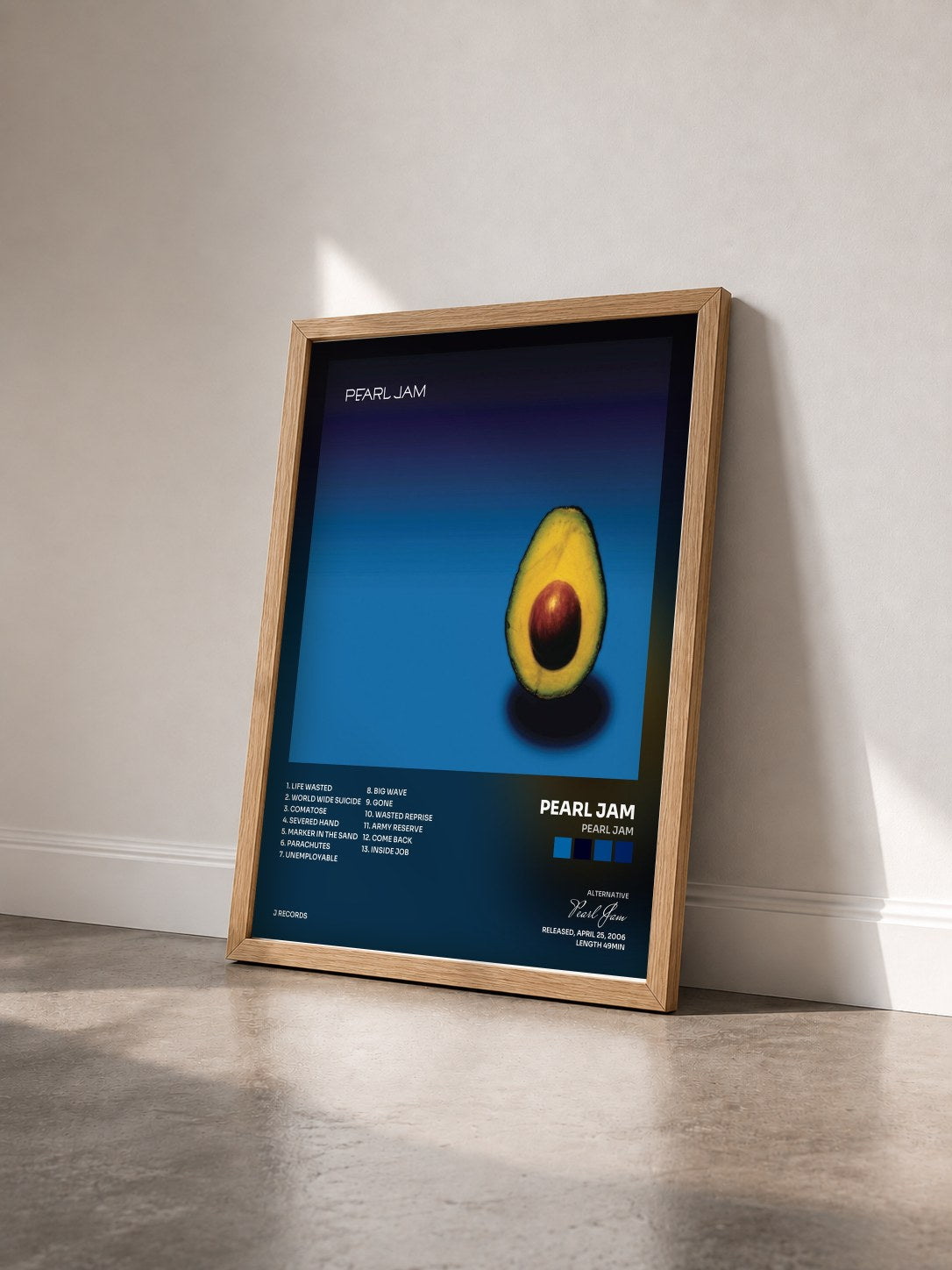 #bois Tableau de l'album Pearl Jam de Pearl Jam vu de trois quarts, cadre en bois brut