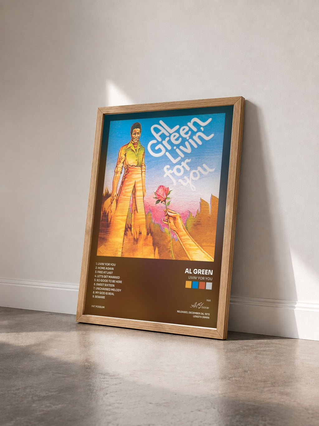 #bois Tableau de l'album Livin' for You de Al Green vu de trois quarts, cadre en bois brut