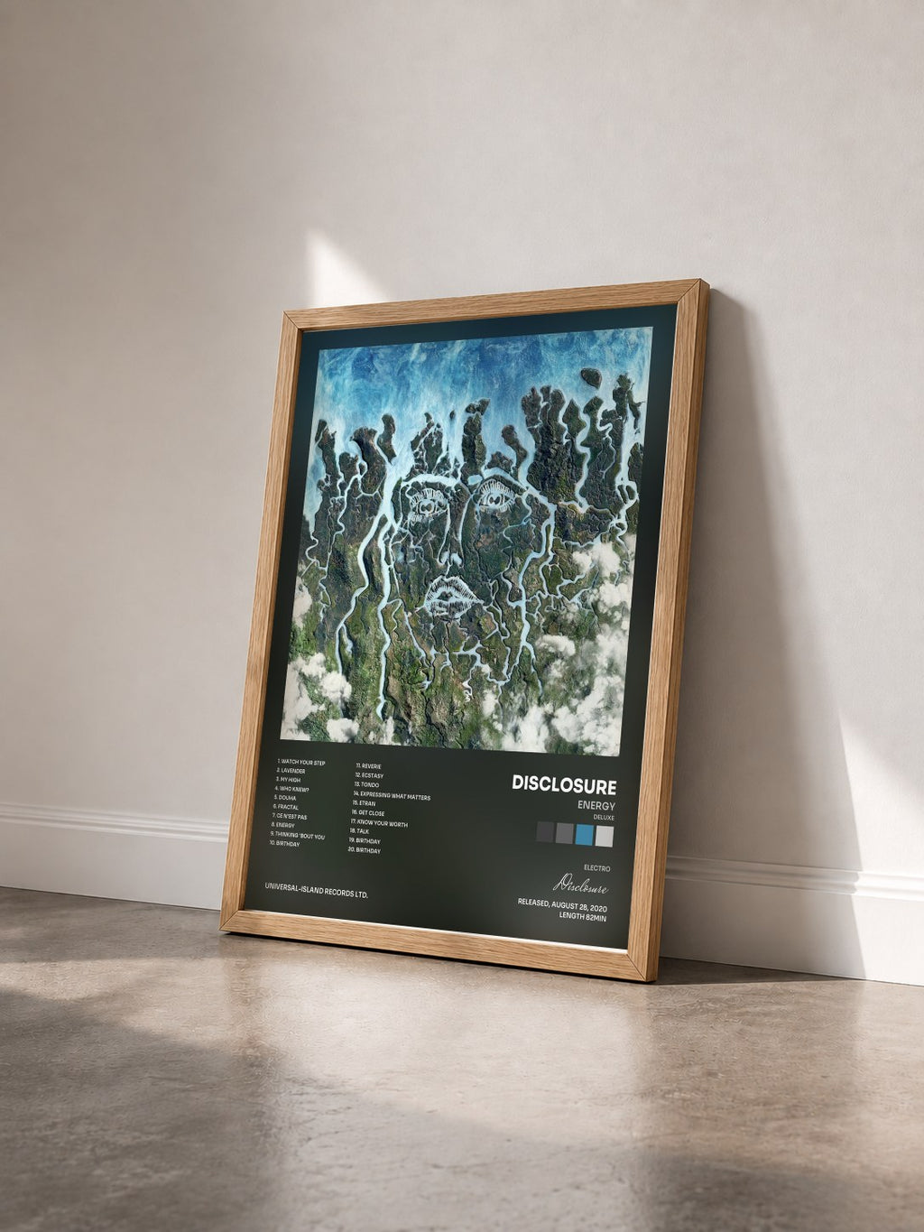 #bois Tableau de l'album ENERGY (Deluxe) de Disclosure vu de trois quarts, cadre en bois brut