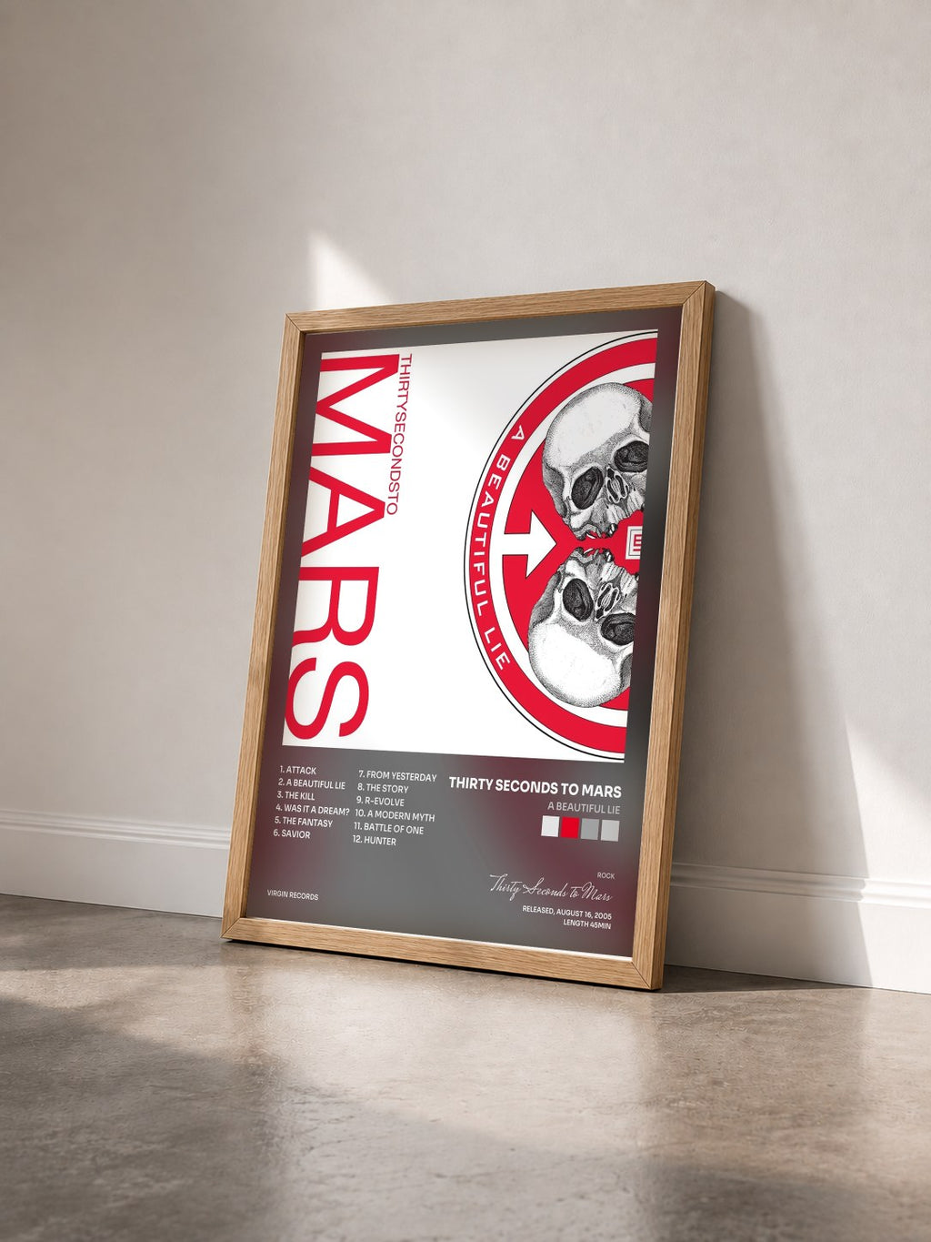#bois Tableau de l'album A Beautiful Lie de Thirty Seconds to Mars vu de trois quarts, cadre en bois brut