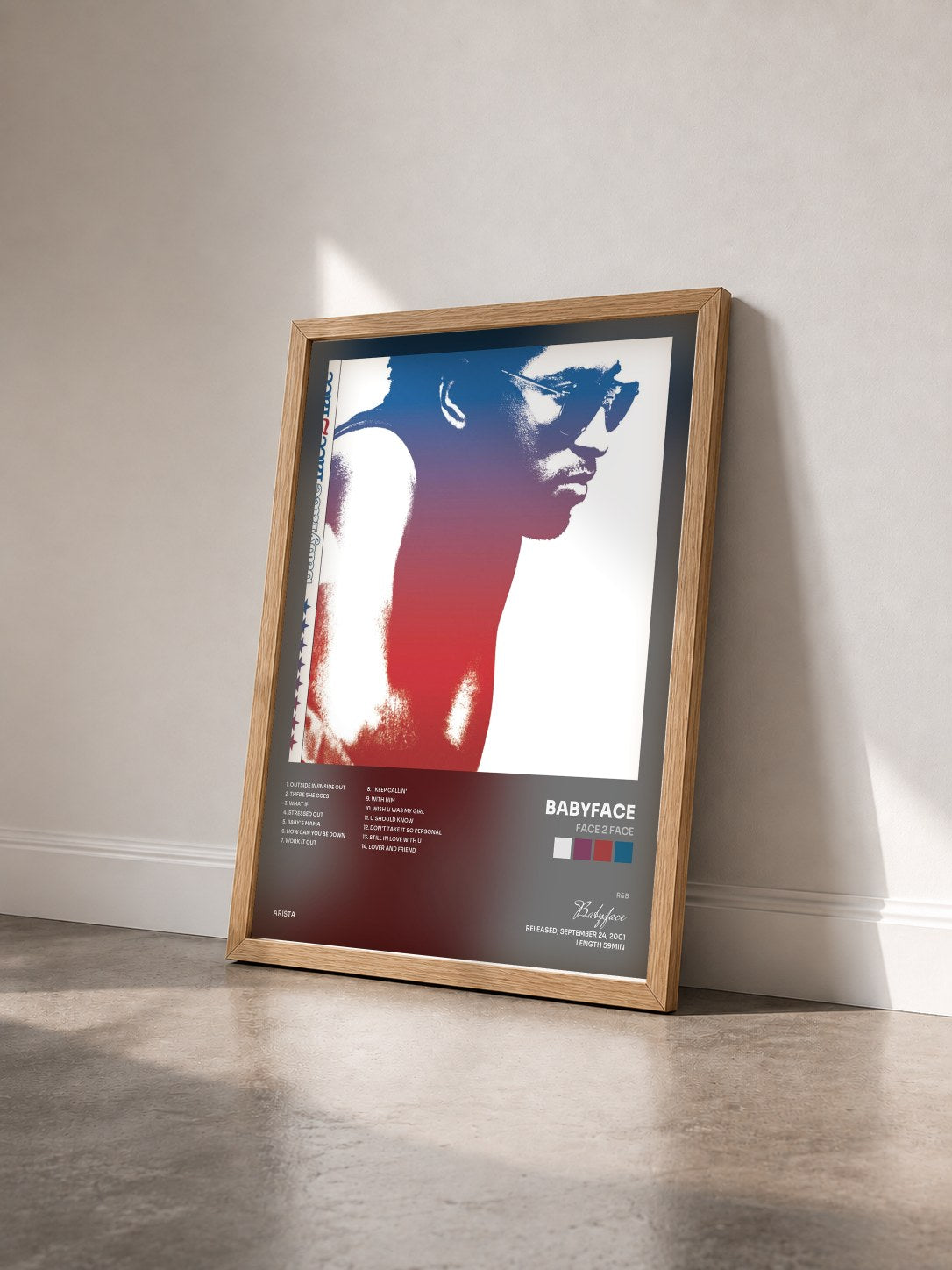 #bois Tableau de l'album Face 2 Face de Babyface vu de trois quarts, cadre en bois brut
