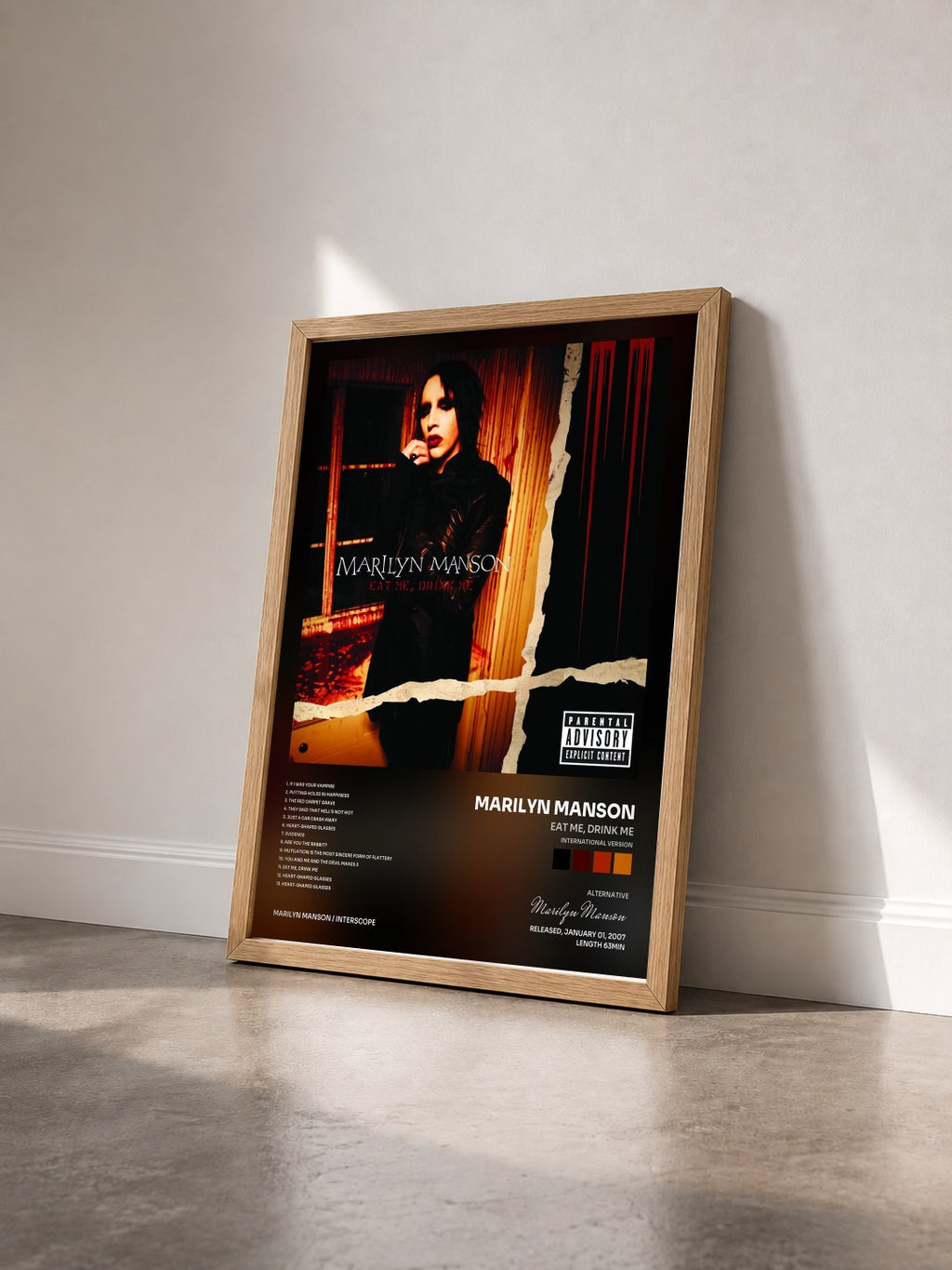 #bois Tableau de l'album EAT ME, DRINK ME (International Version) de Marilyn Manson vu de trois quarts, cadre en bois brut