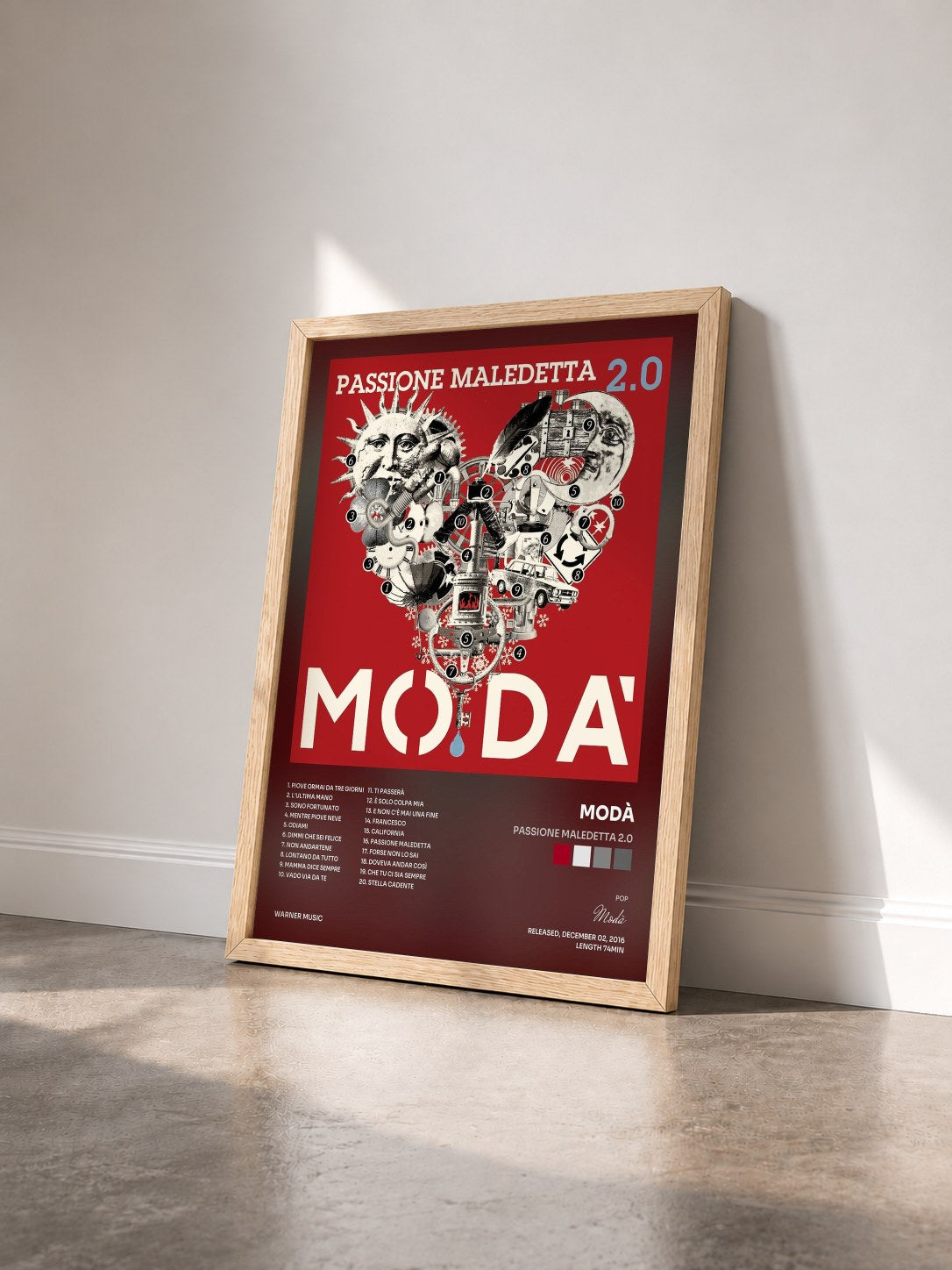 #bois Tableau de l'album Passione maledetta 2.0 de Modà vu de trois quarts, cadre en bois brut