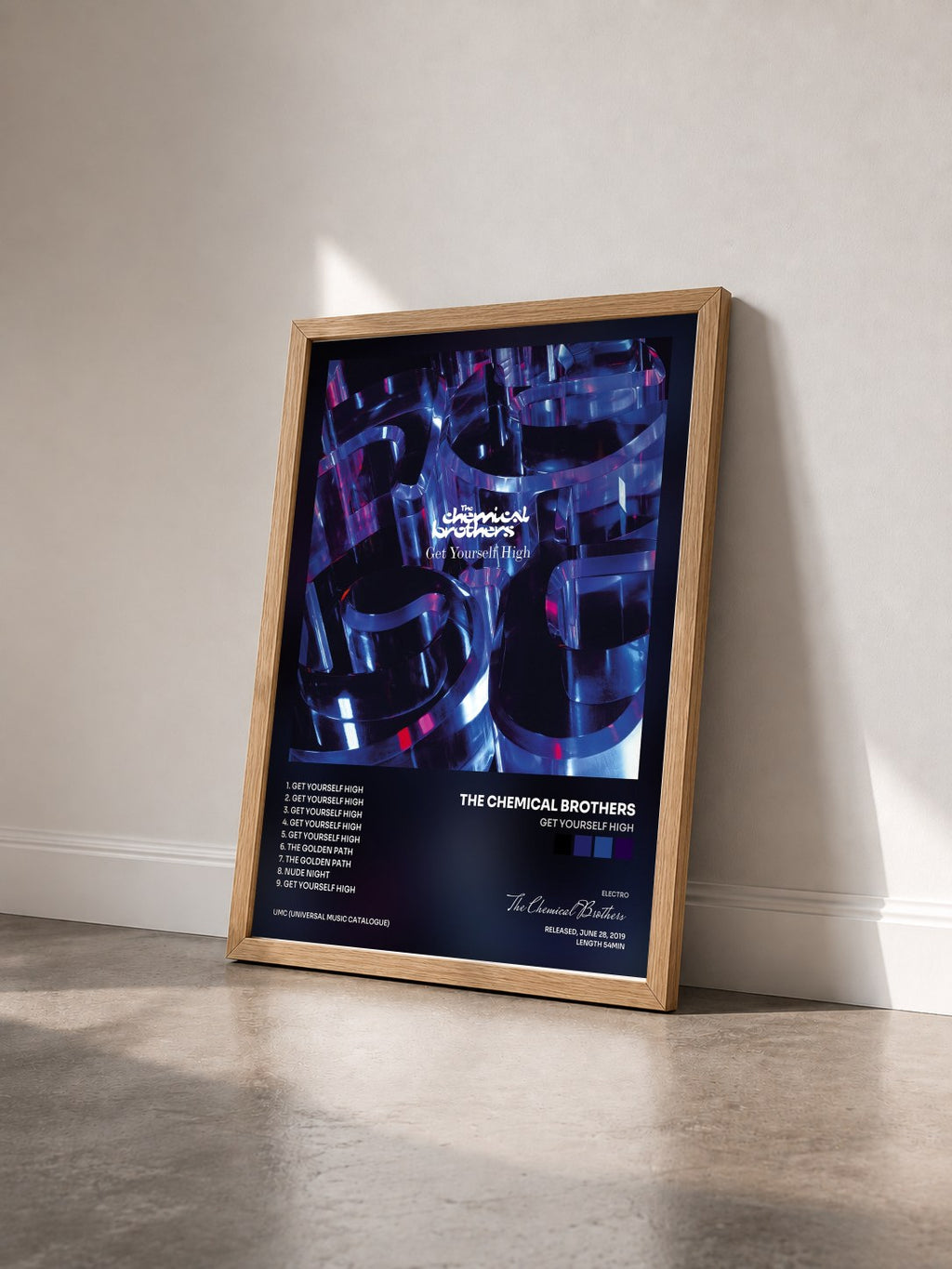 #bois Tableau de l'album Get Yourself High de The Chemical Brothers vu de trois quarts, cadre en bois brut