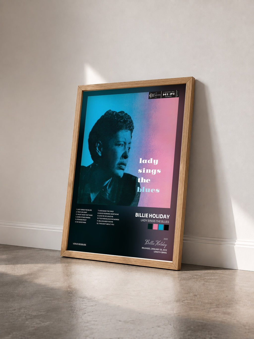 #bois Tableau de l'album Lady Sings The Blues de Billie Holiday vu de trois quarts, cadre en bois brut