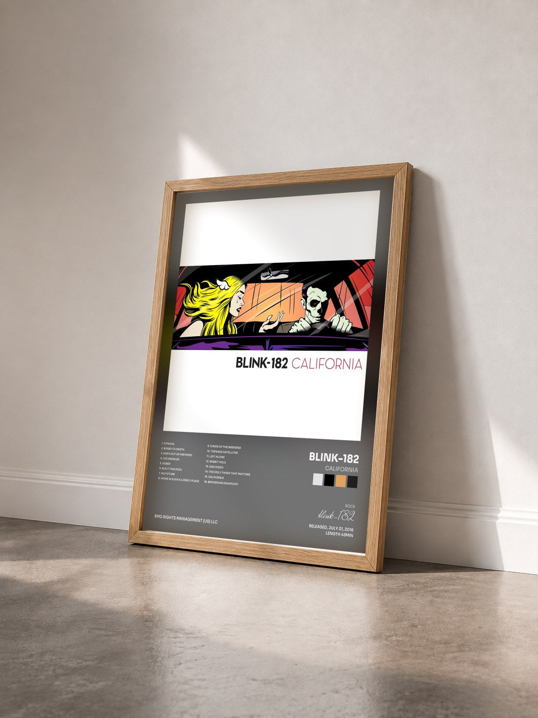 #bois Tableau de l'album California de blink-182 vu de trois quarts, cadre en bois brut