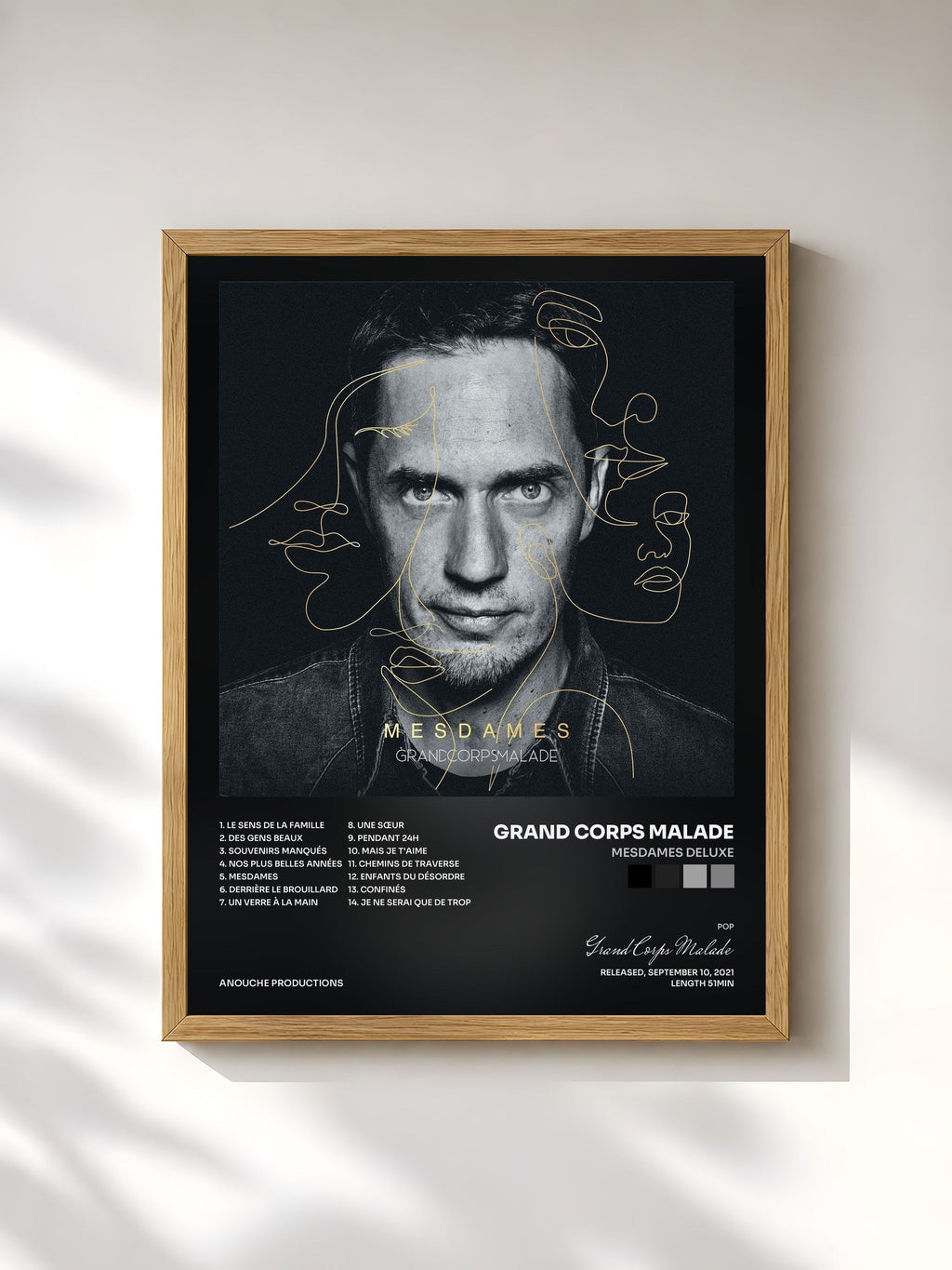 #bois Tableau de l'album MESDAMES deluxe de Grand Corps Malade, cadre en bois brut, imprimé et encadré en France