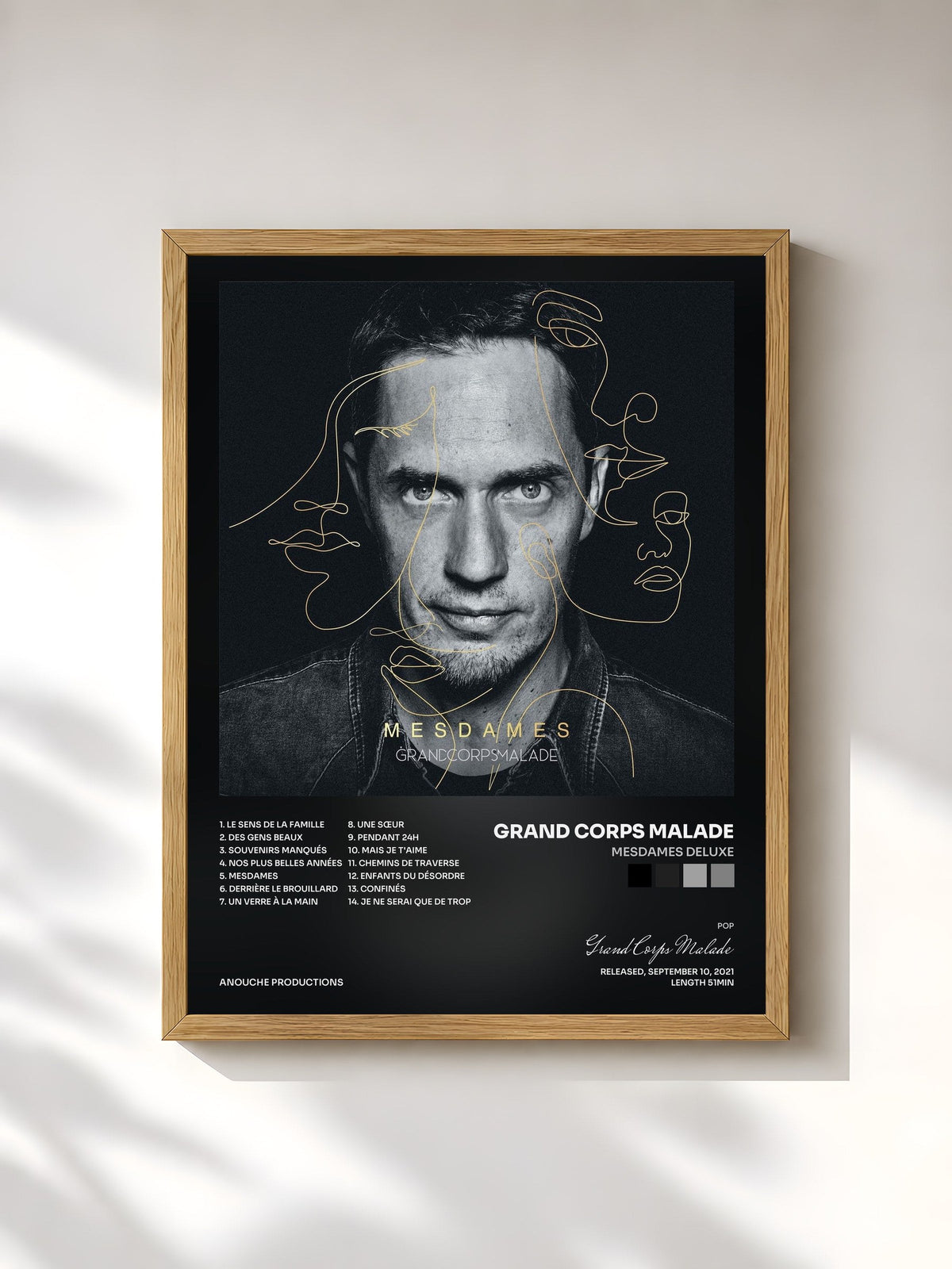 #bois Tableau de l'album MESDAMES deluxe de Grand Corps Malade, cadre en bois brut, imprimé et encadré en France