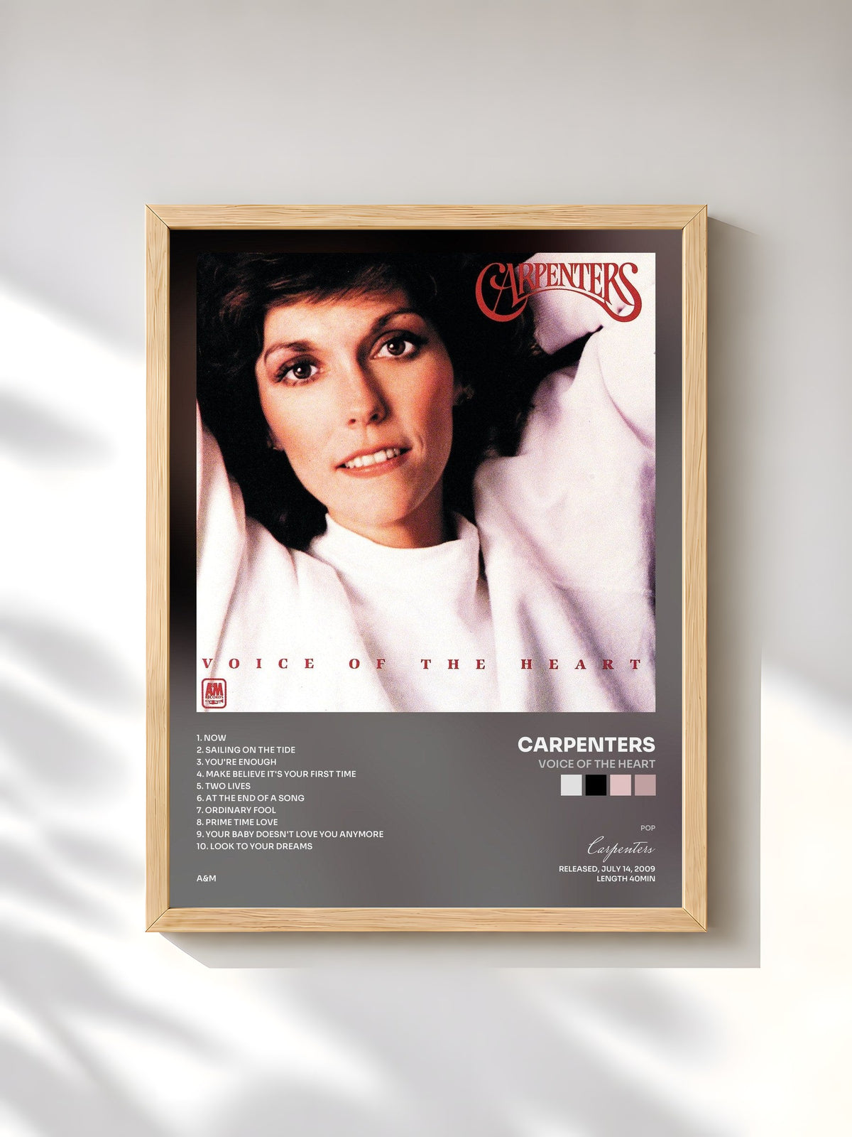 #bois Tableau de l'album Voice Of The Heart de Carpenters, cadre en bois brut, imprimé et encadré en France