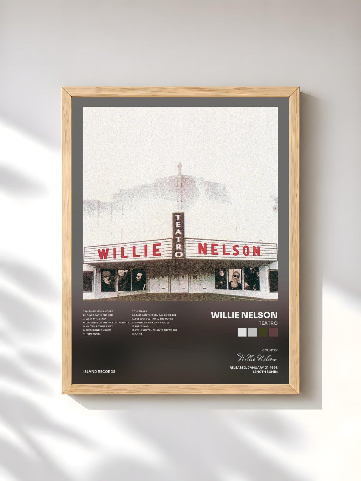 #bois Tableau de l'album Teatro de Willie Nelson, cadre en bois brut, imprimé et encadré en France