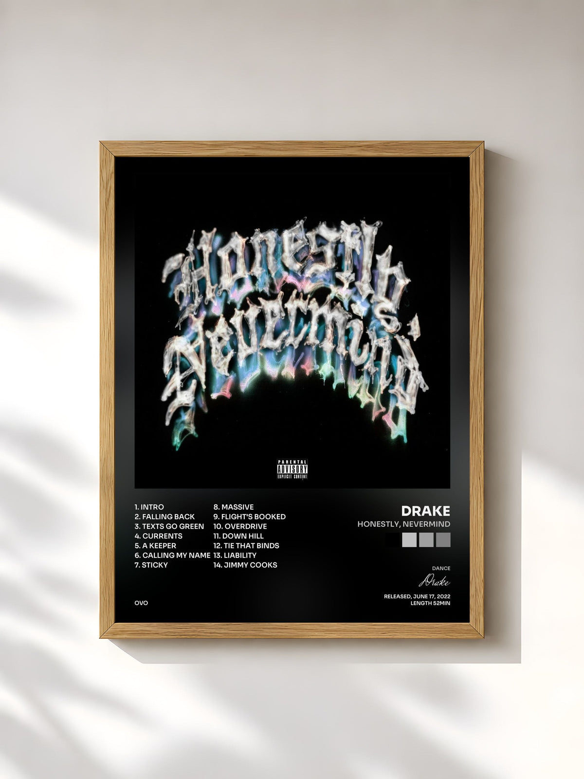 #bois Tableau de l'album Honestly, Nevermind de Drake, cadre en bois brut, imprimé et encadré en France