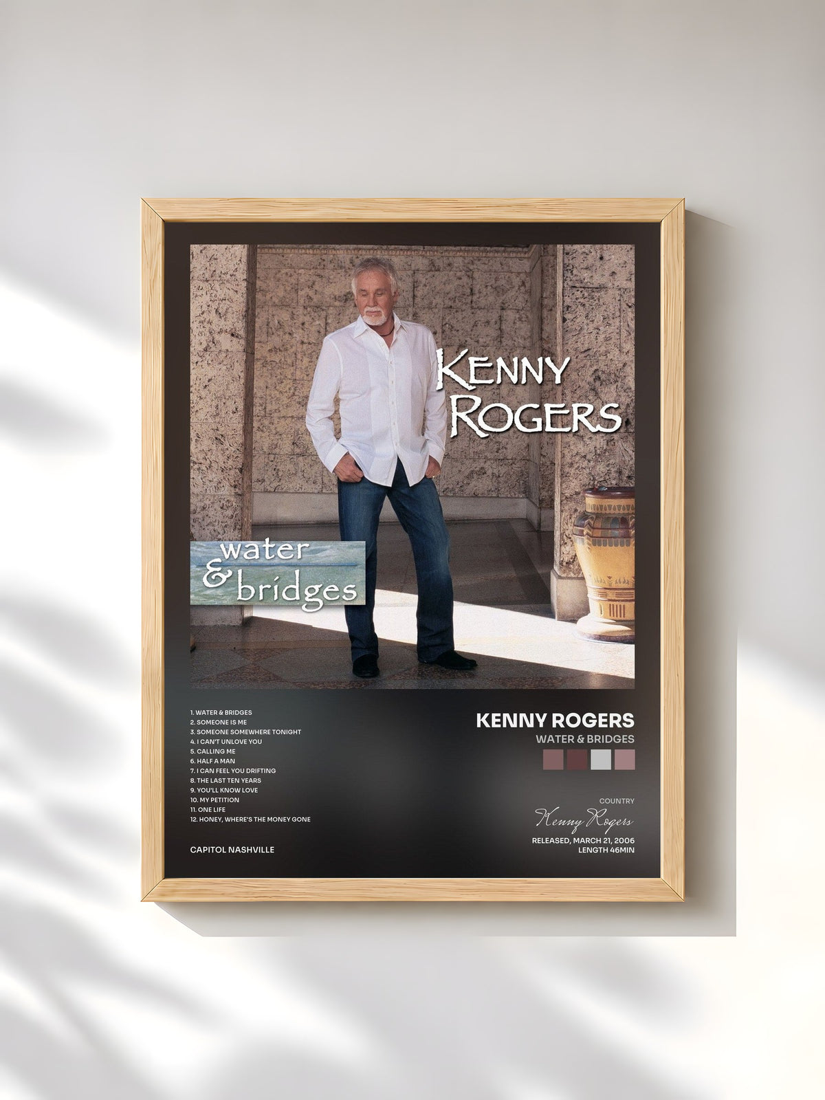 #bois Tableau de l'album Water & Bridges de Kenny Rogers, cadre en bois brut, imprimé et encadré en France