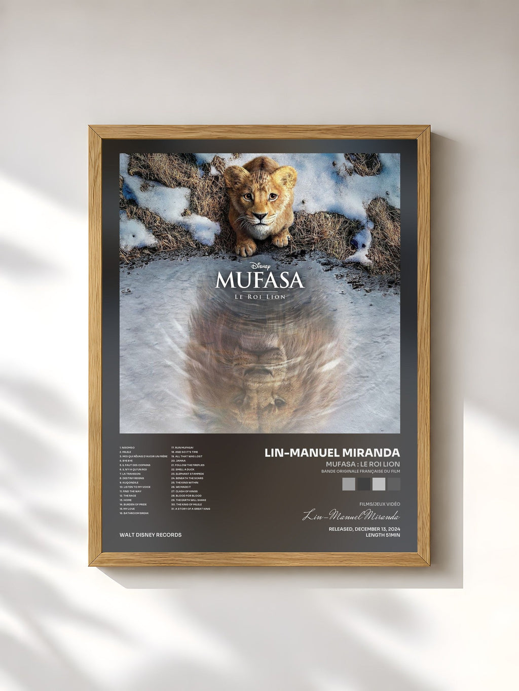 #bois Tableau de l'album Mufasa : Le Roi Lion (Bande Originale Française du Film) de Lin-Manuel Miranda, cadre en bois brut, imprimé et encadré en France