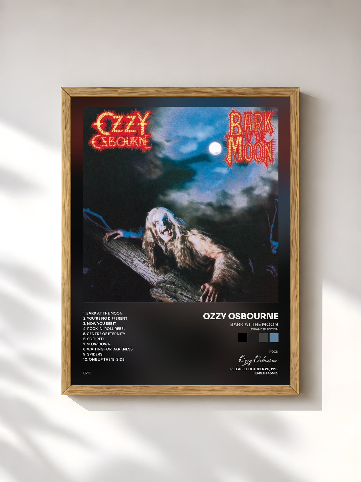 #bois Tableau de l'album Bark At The Moon (Expanded Edition) de Ozzy Osbourne, cadre en bois brut, imprimé et encadré en France