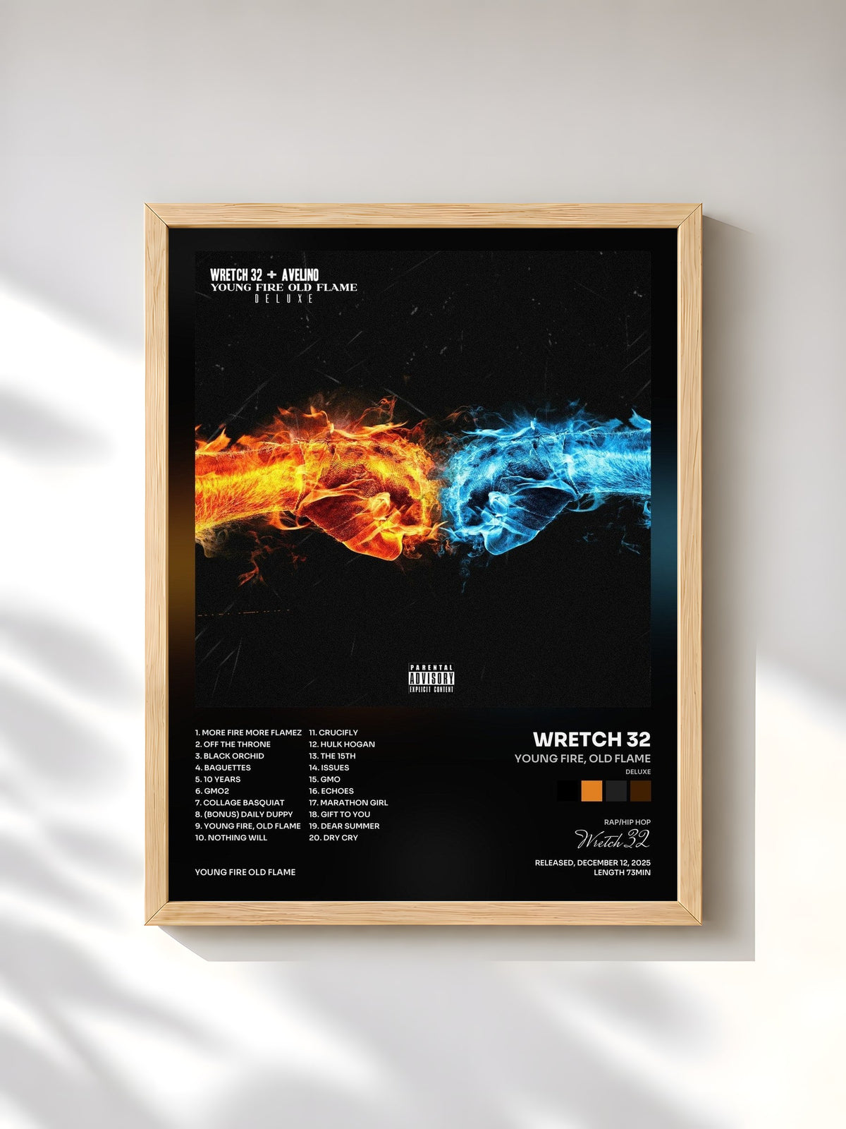 #bois Tableau de l'album Young Fire, Old Flame (Deluxe) de Wretch 32, cadre en bois brut, imprimé et encadré en France