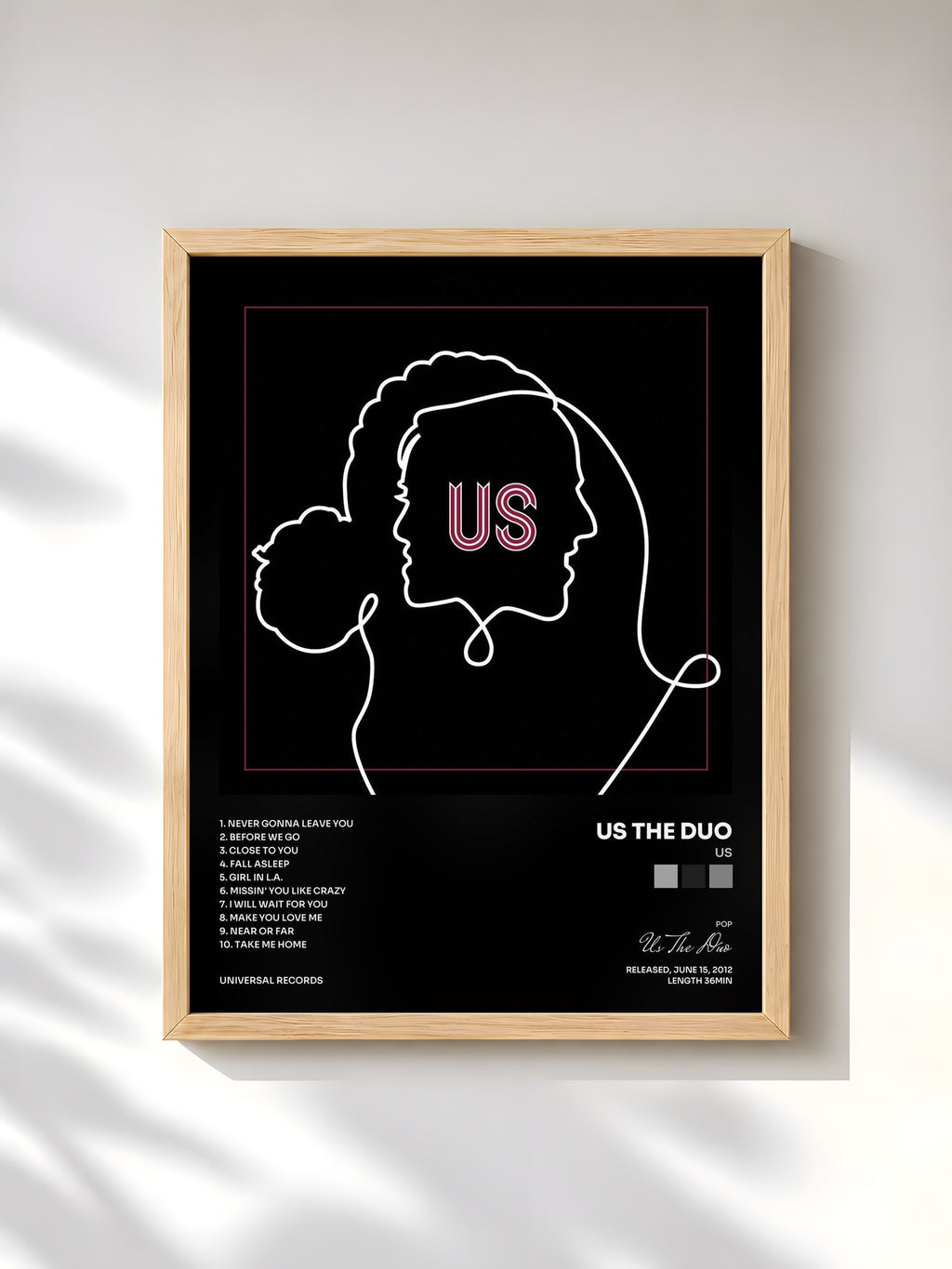 #bois Tableau de l'album Us de Us The Duo, cadre en bois brut, imprimé et encadré en France