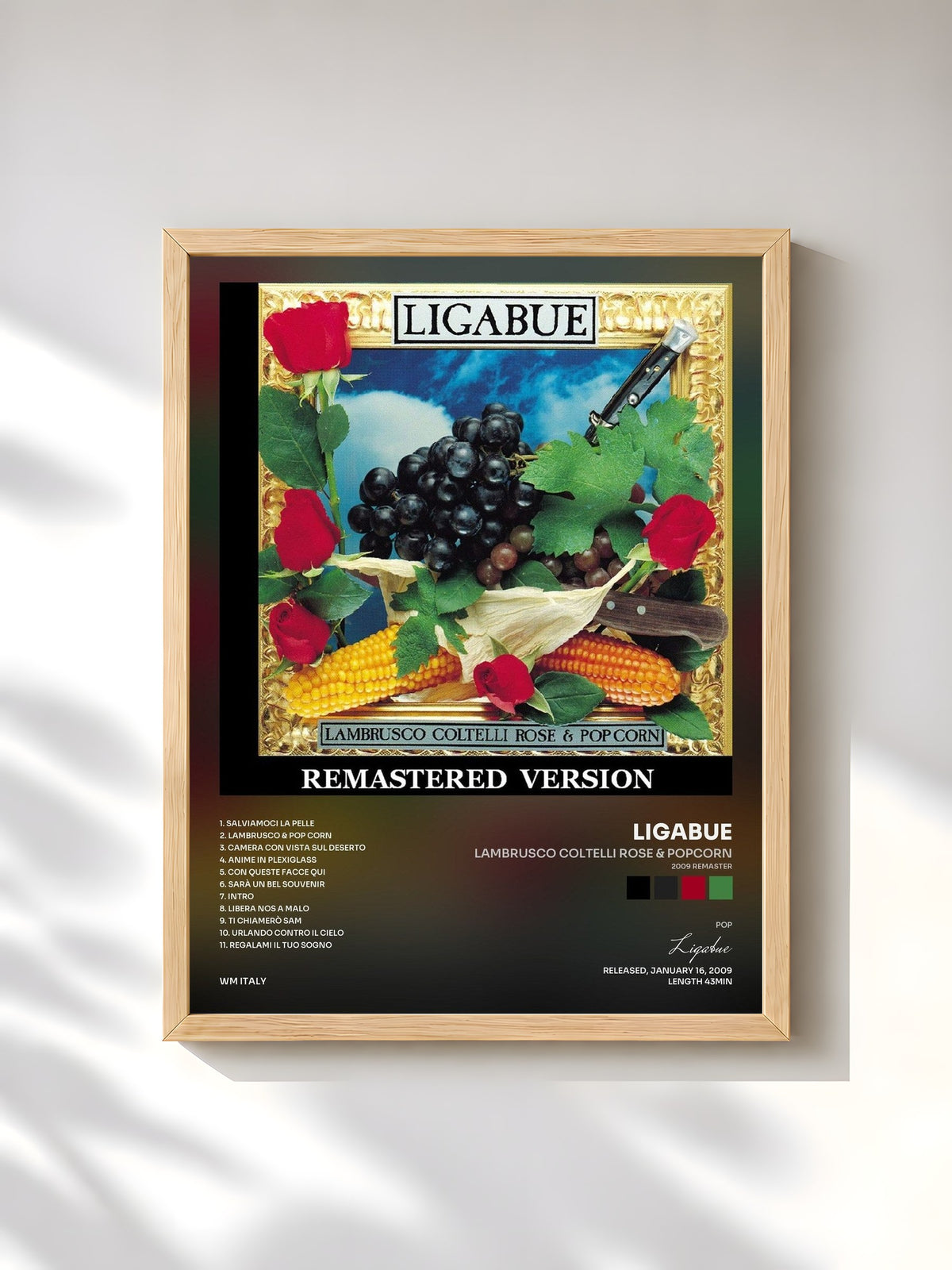#bois Tableau de l'album Lambrusco coltelli rose & popcorn (2009 Remaster) de Ligabue, cadre en bois brut, imprimé et encadré en France