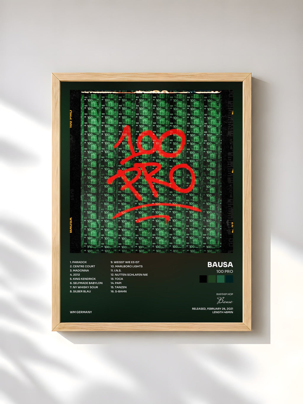 #bois Tableau de l'album 100 Pro de Bausa, cadre en bois brut, imprimé et encadré en France