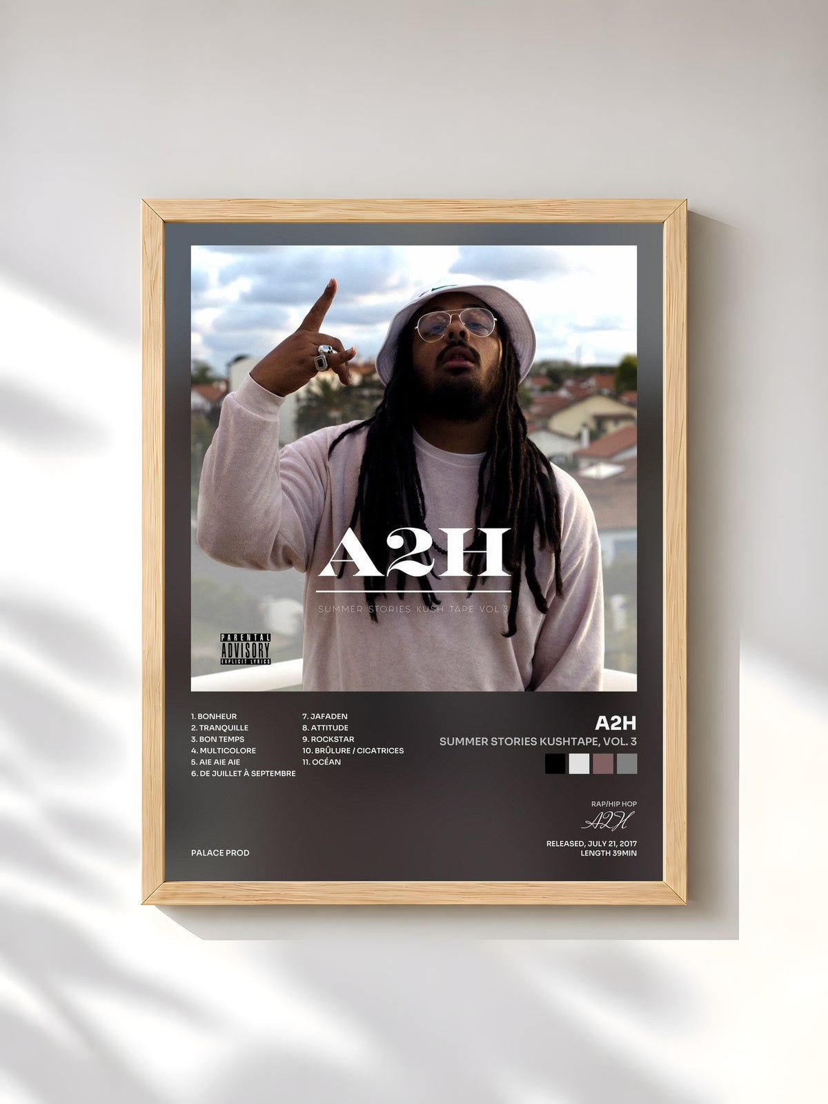 #bois Tableau de l'album Summer Stories Kushtape, Vol. 3 de A2H, cadre en bois brut, imprimé et encadré en France