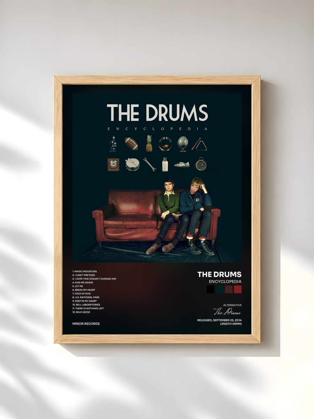 #bois Tableau de l'album Encyclopedia de The Drums, cadre en bois brut, imprimé et encadré en France