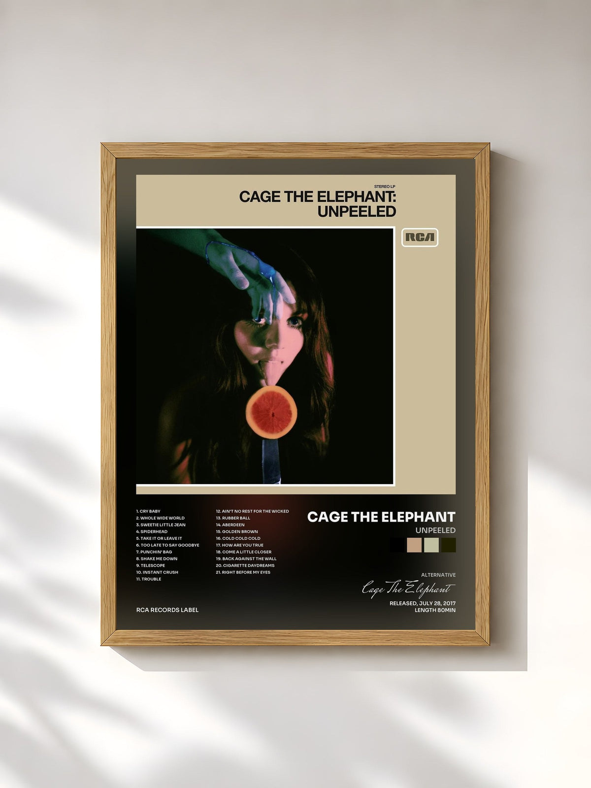 #bois Tableau de l'album Unpeeled de Cage The Elephant, cadre en bois brut, imprimé et encadré en France