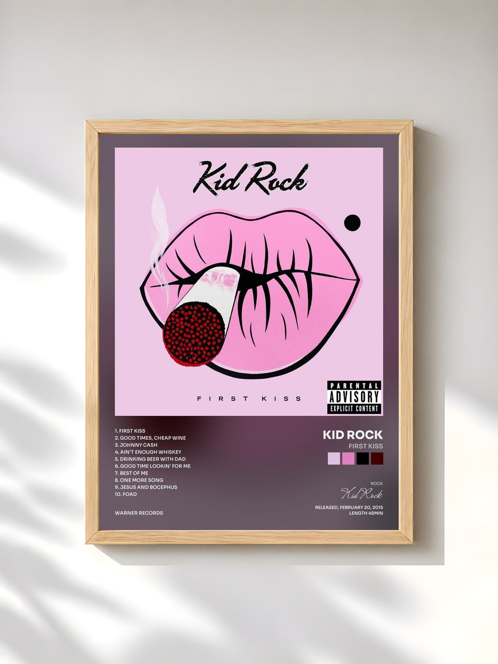 #bois Tableau de l'album First Kiss de Kid Rock, cadre en bois brut, imprimé et encadré en France
